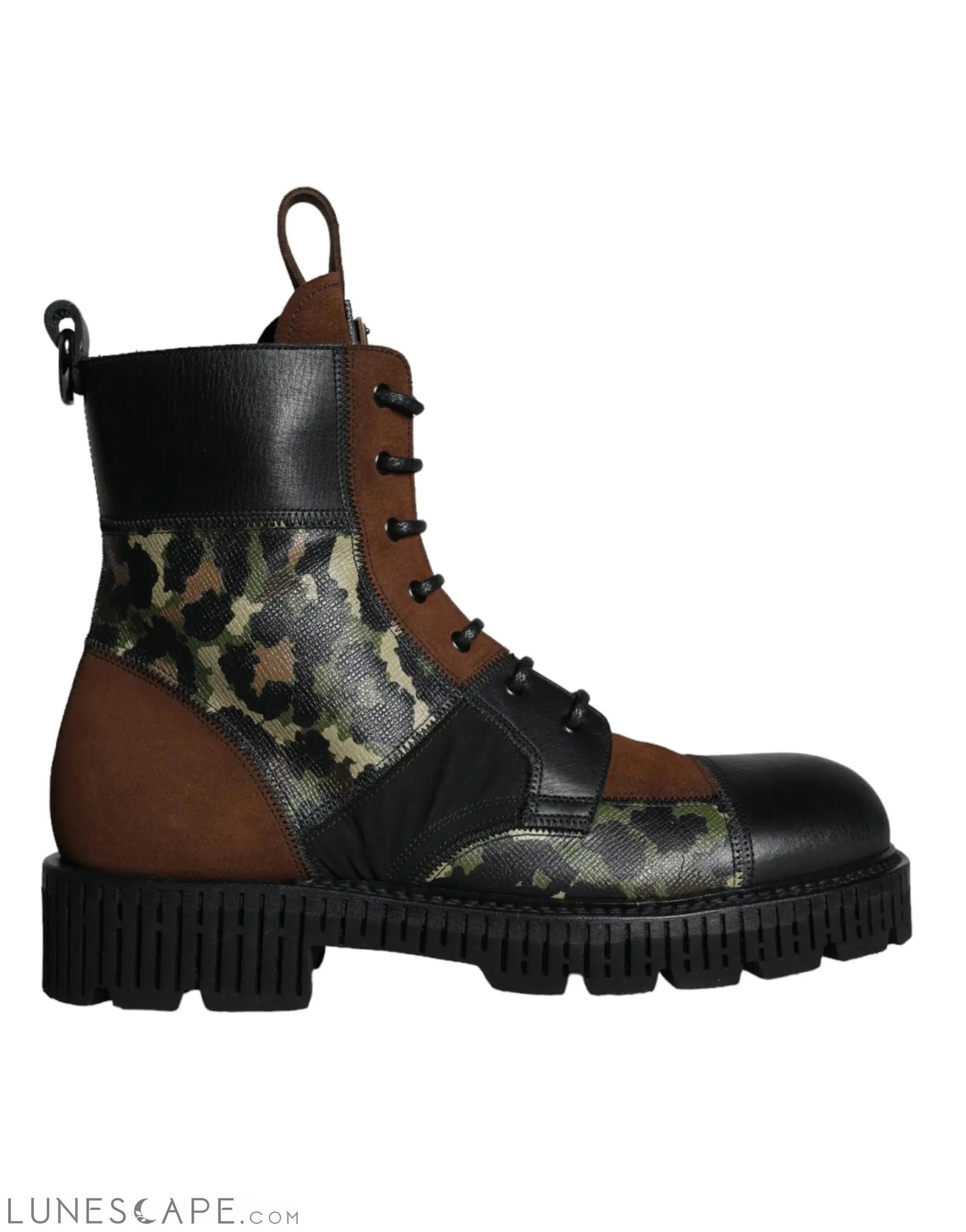 Dolce & Gabbana Brown Suede Camouflage Leather Combat Boots LUNESCAPE