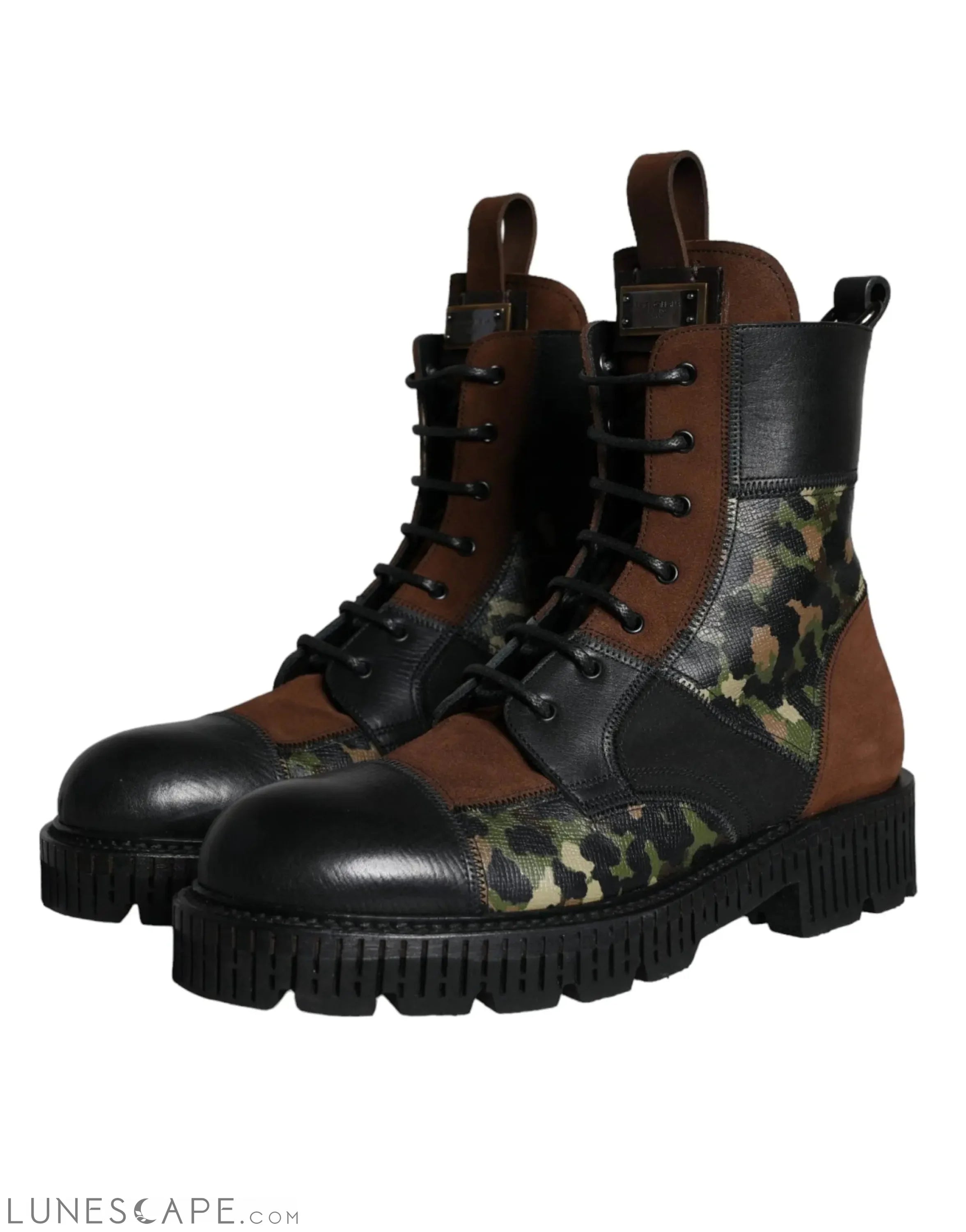 Dolce & Gabbana Brown Suede Camouflage Leather Combat Boots LUNESCAPE