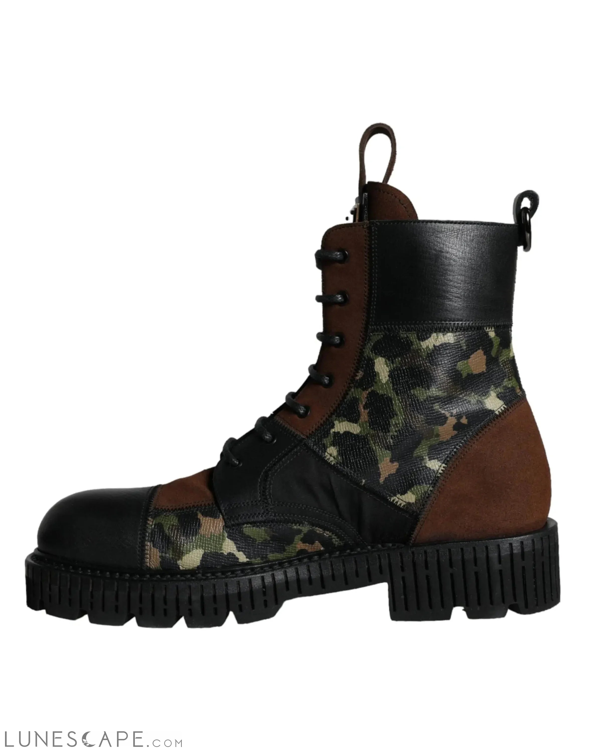 Dolce & Gabbana Brown Suede Camouflage Leather Combat Boots LUNESCAPE