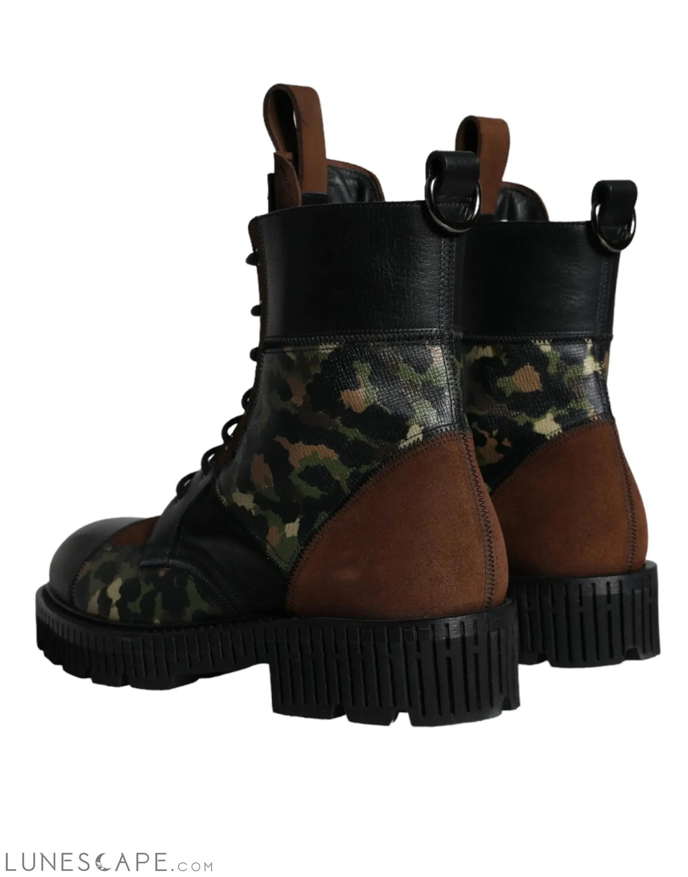 Dolce & Gabbana Brown Suede Camouflage Leather Combat Boots LUNESCAPE