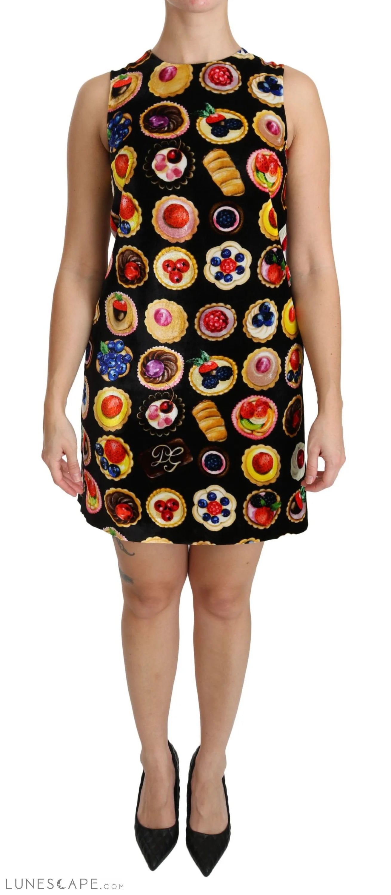 Dolce & Gabbana Chic Black Desserts Print Shift Mini Dress LUNESCAPE