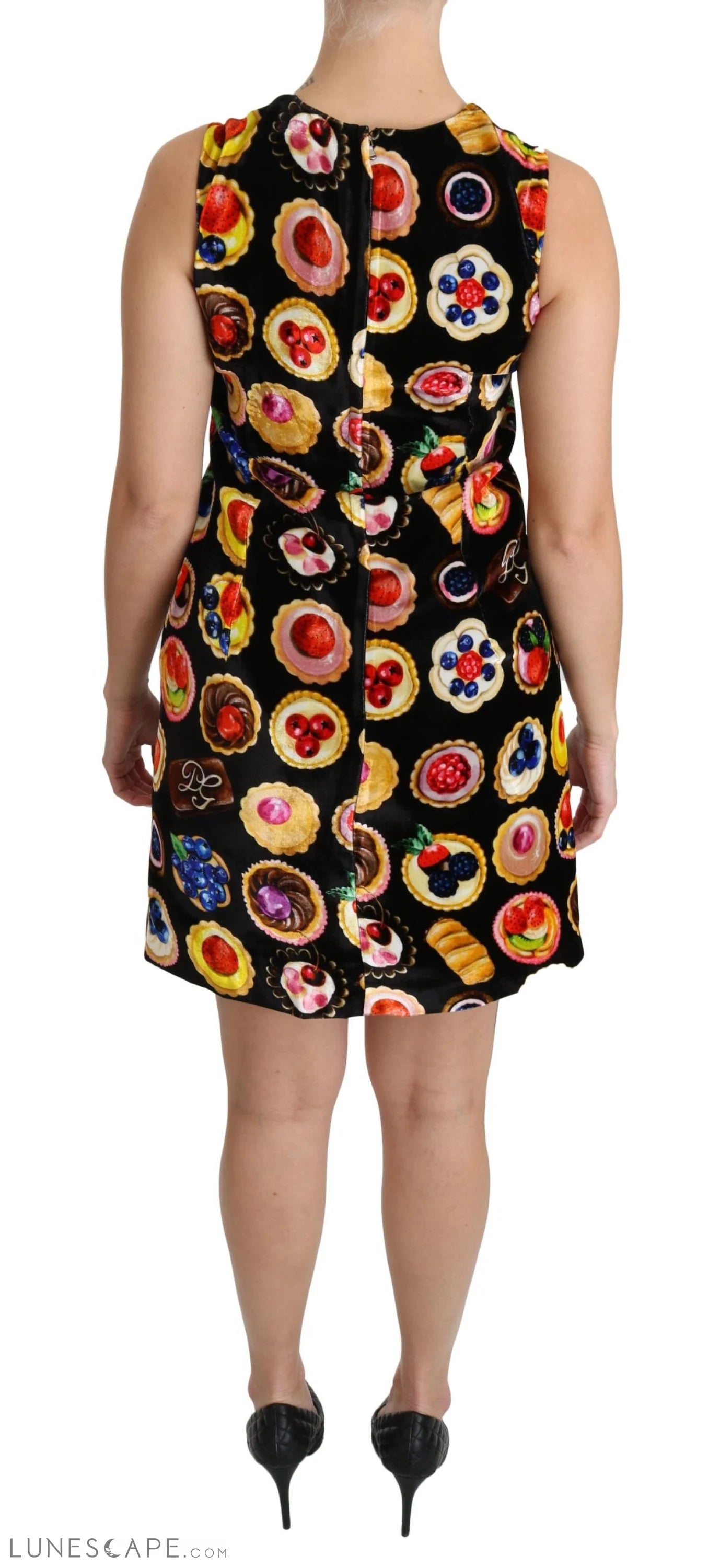 Dolce & Gabbana Chic Black Desserts Print Shift Mini Dress LUNESCAPE