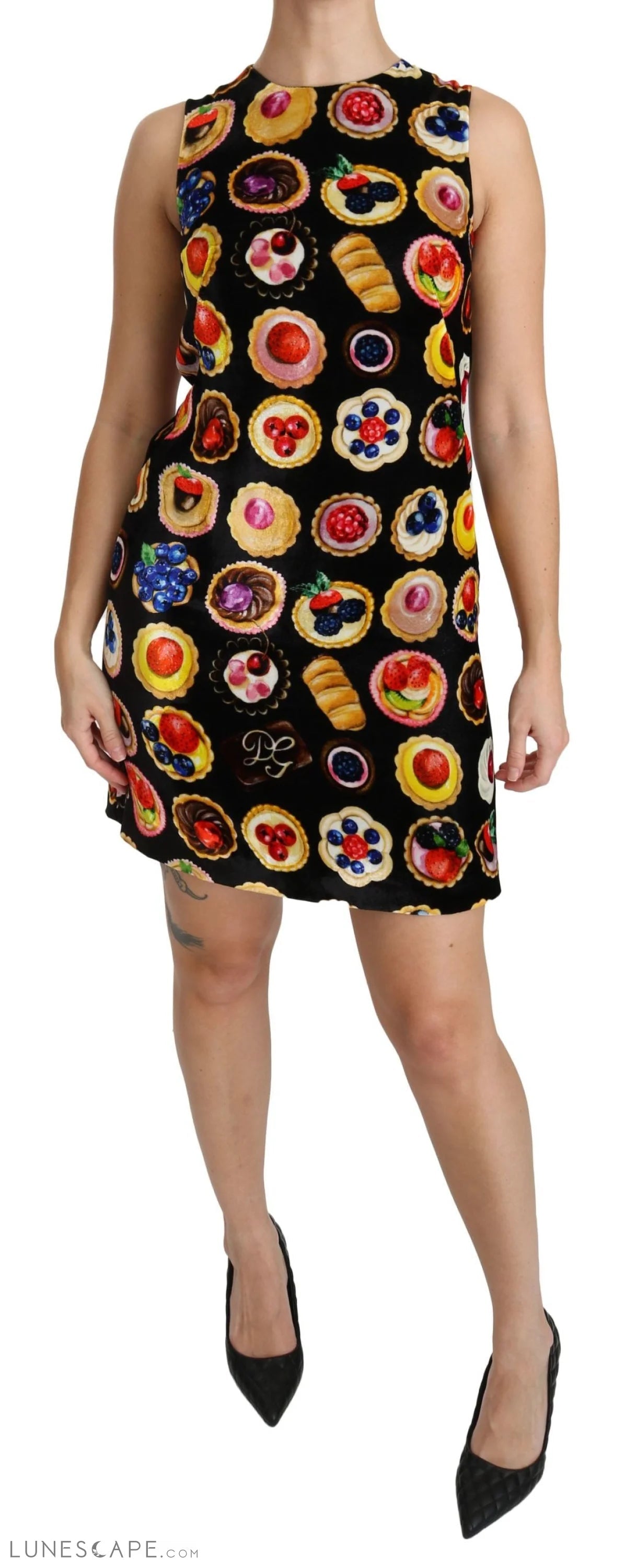 Dolce & Gabbana Chic Black Desserts Print Shift Mini Dress LUNESCAPE