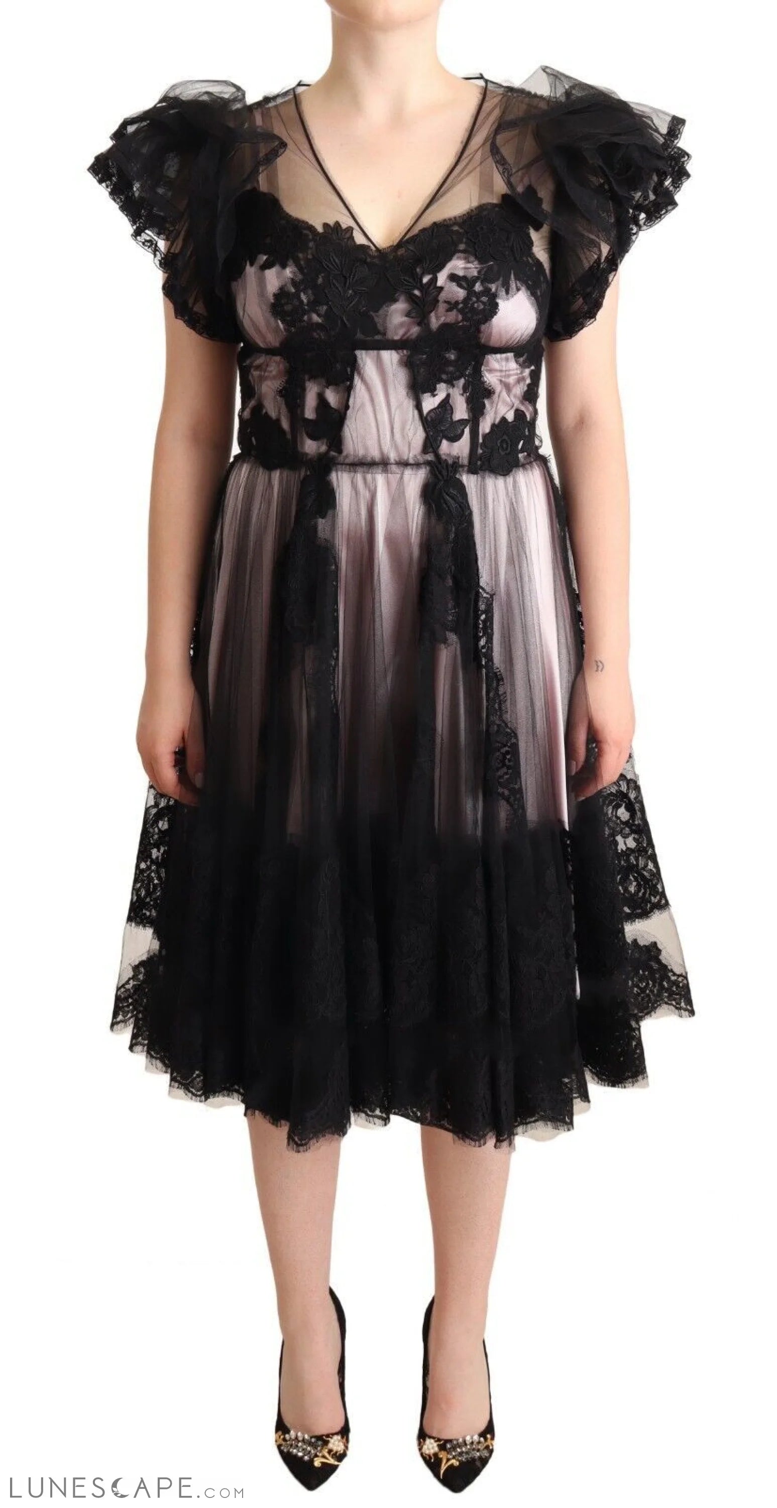 Dolce & Gabbana Chic Black Floral Lace Midi Dress LUNESCAPE