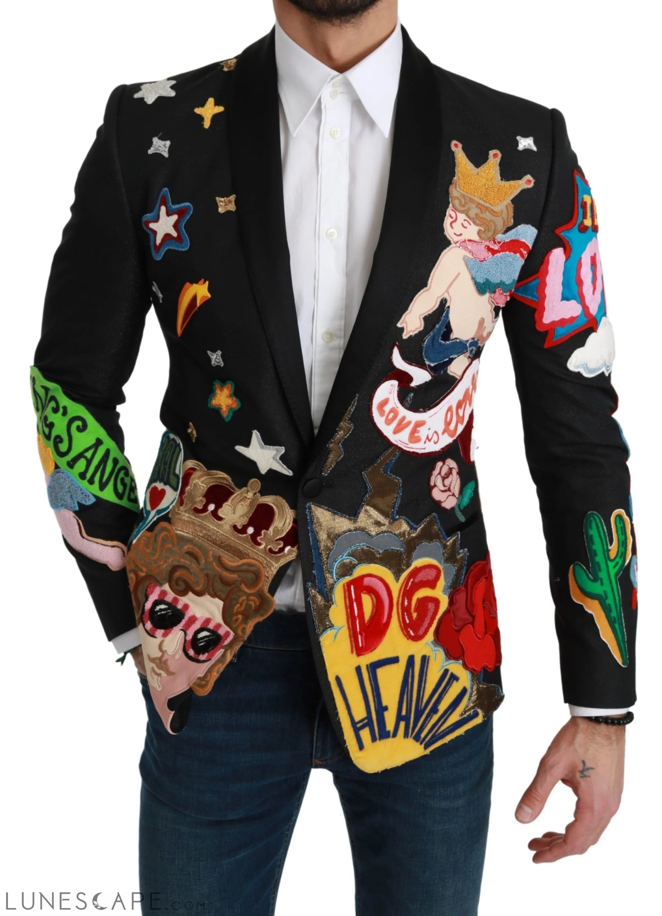 Dolce & Gabbana Chic Black Multicolor Motif Slim Fit Blazer LUNESCAPE