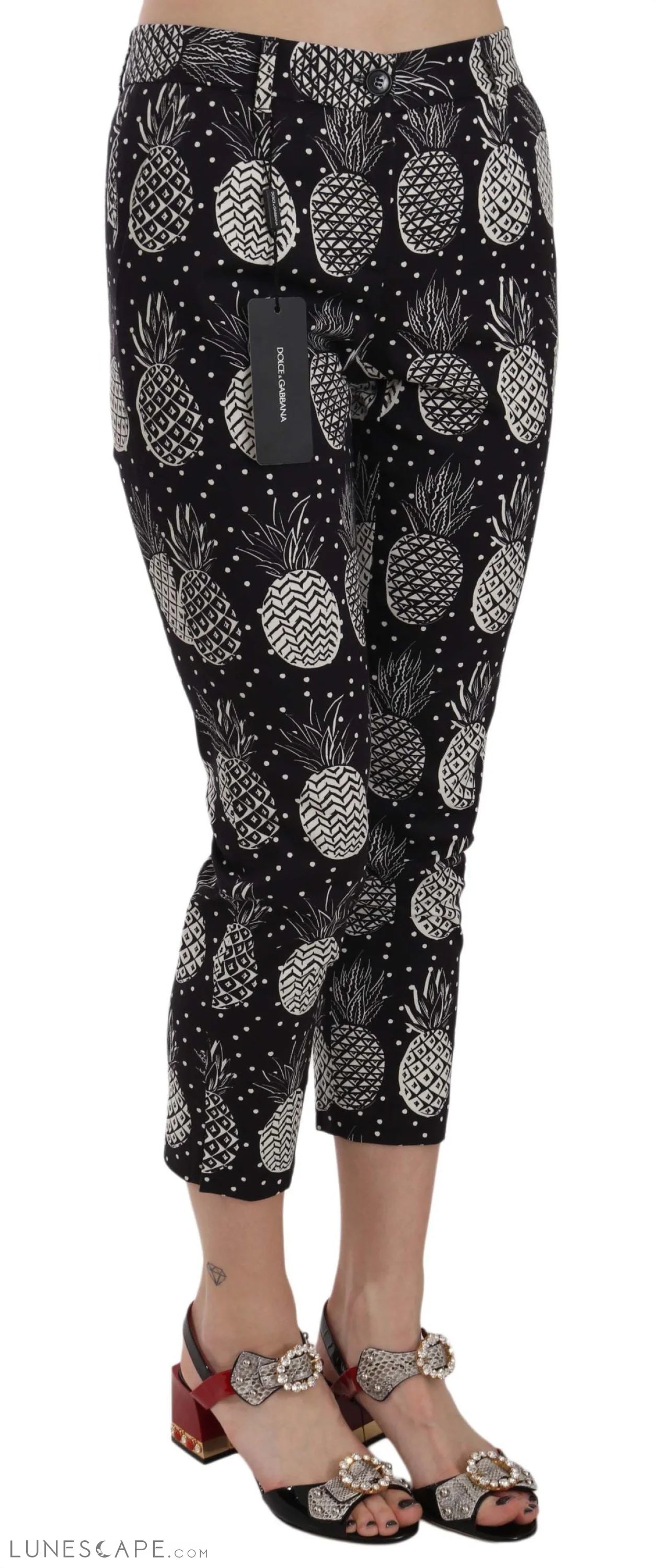 Dolce & Gabbana Chic Black Pineapple Print Skinny Capri Pants LUNESCAPE