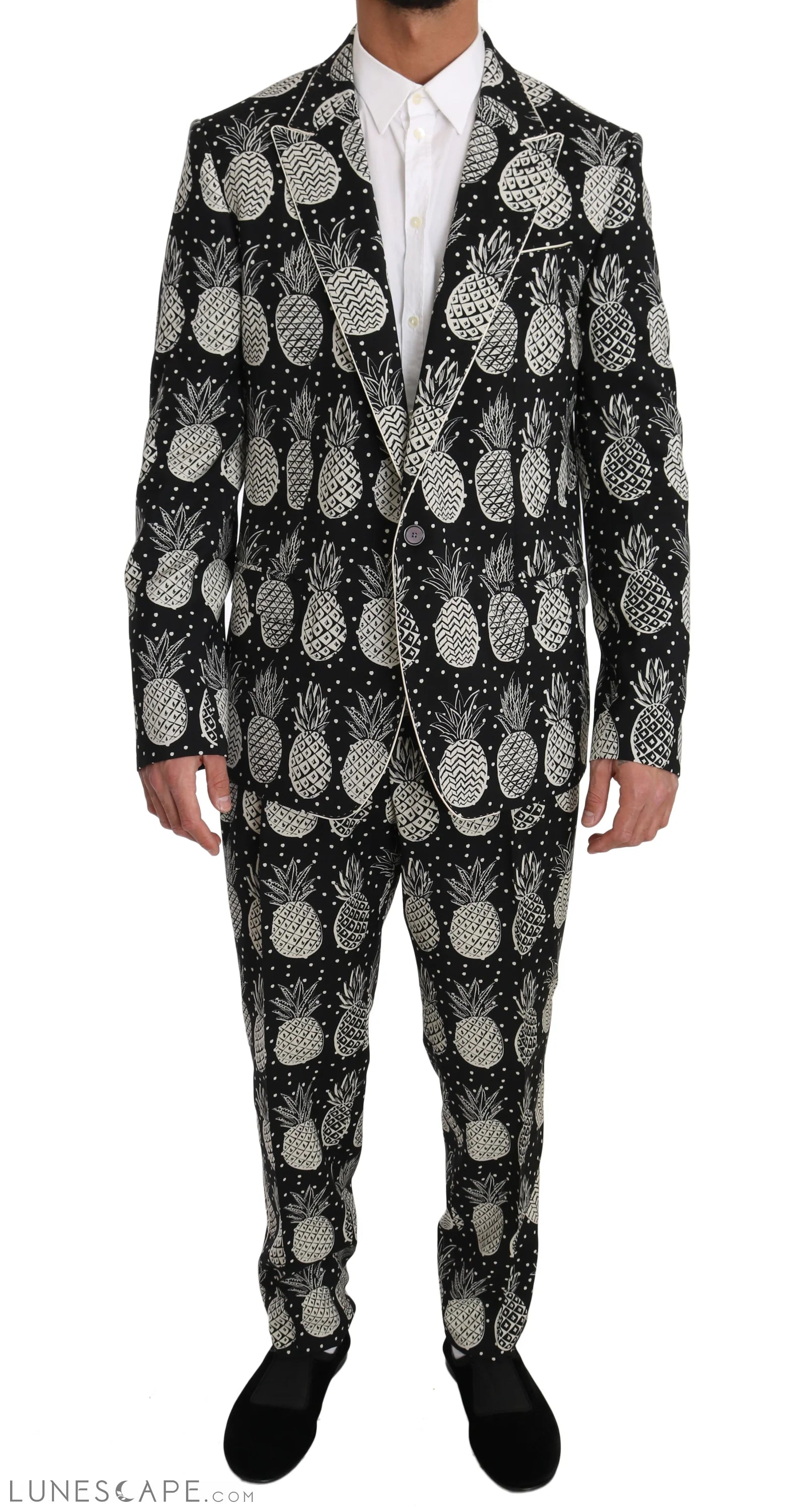 Dolce & Gabbana Chic Black Pineapple Print Wool Suit LUNESCAPE