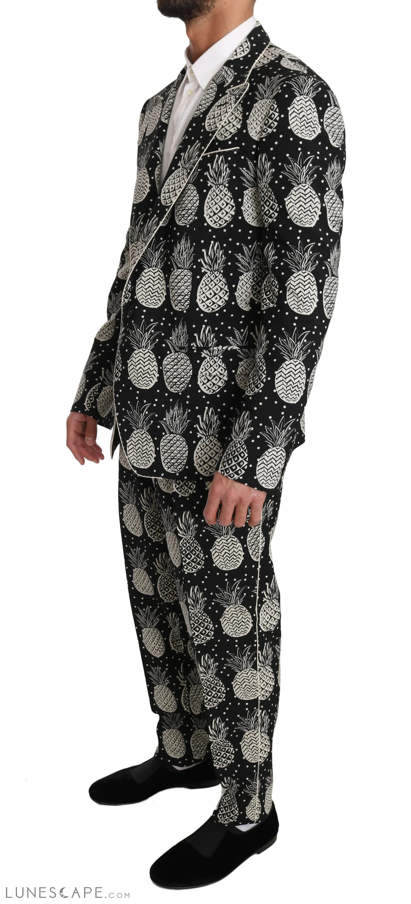 Dolce & Gabbana Chic Black Pineapple Print Wool Suit LUNESCAPE