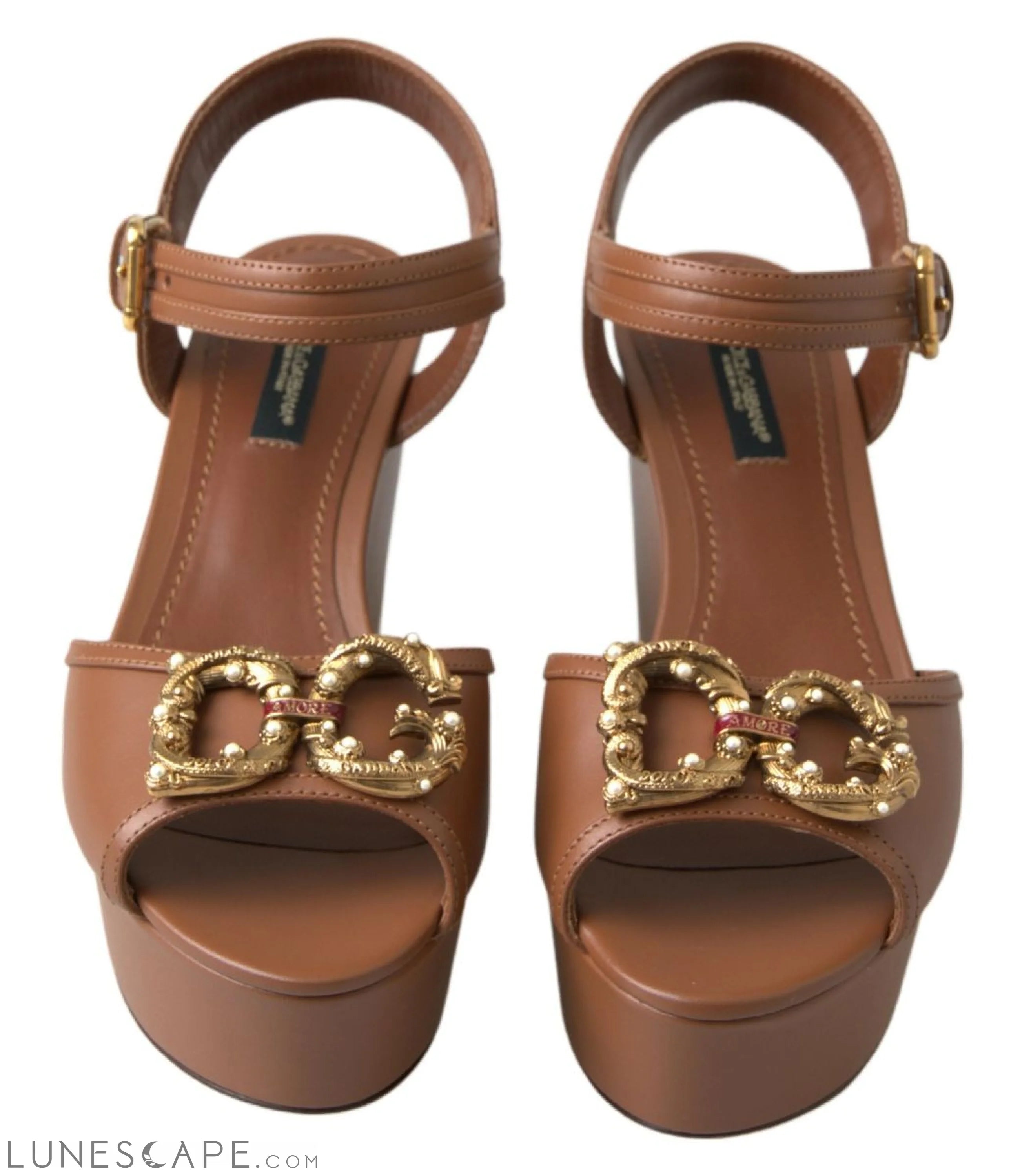 Dolce & Gabbana Chic Brown Leather Ankle Strap Wedges LUNESCAPE