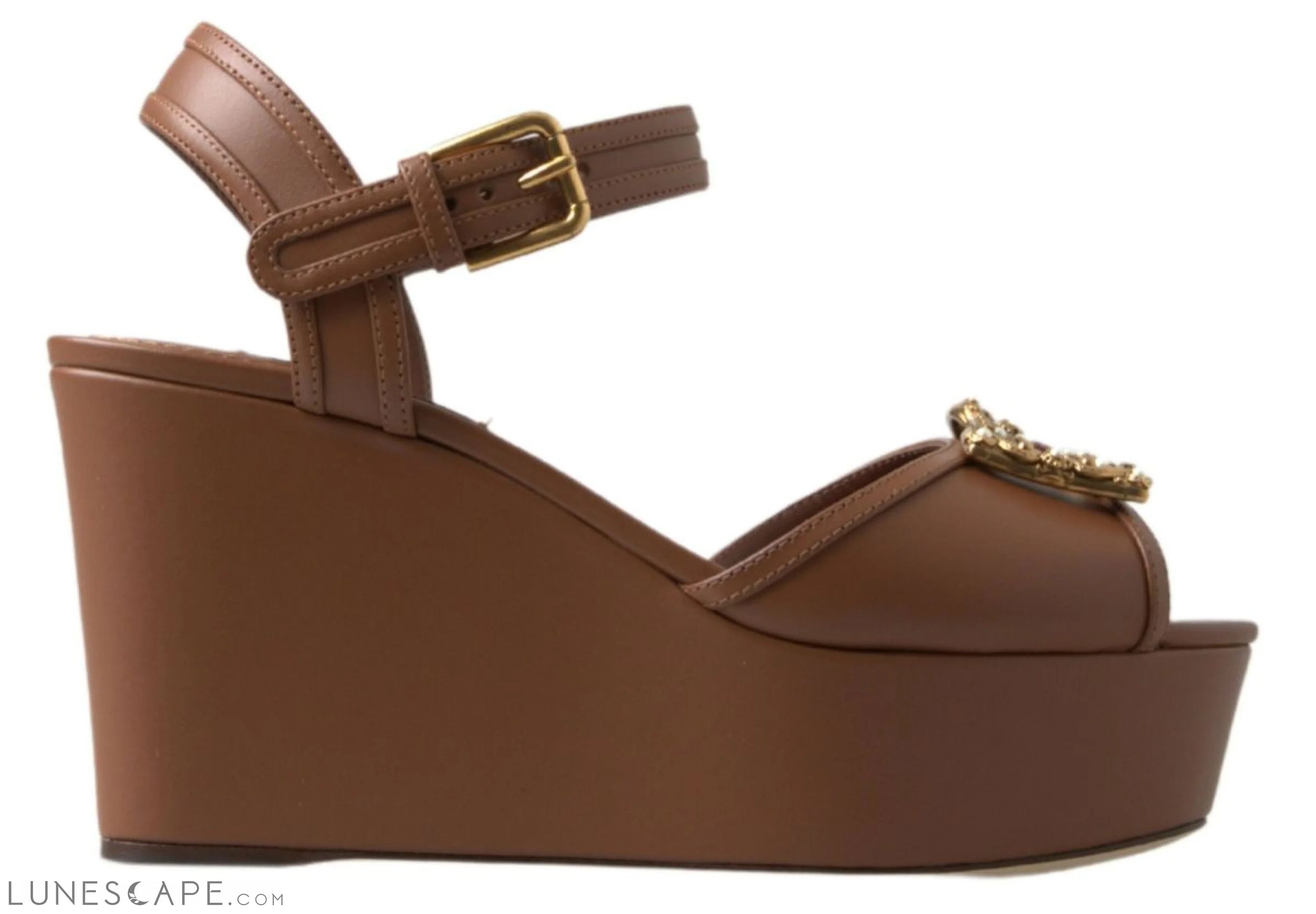 Dolce & Gabbana Chic Brown Leather Ankle Strap Wedges LUNESCAPE