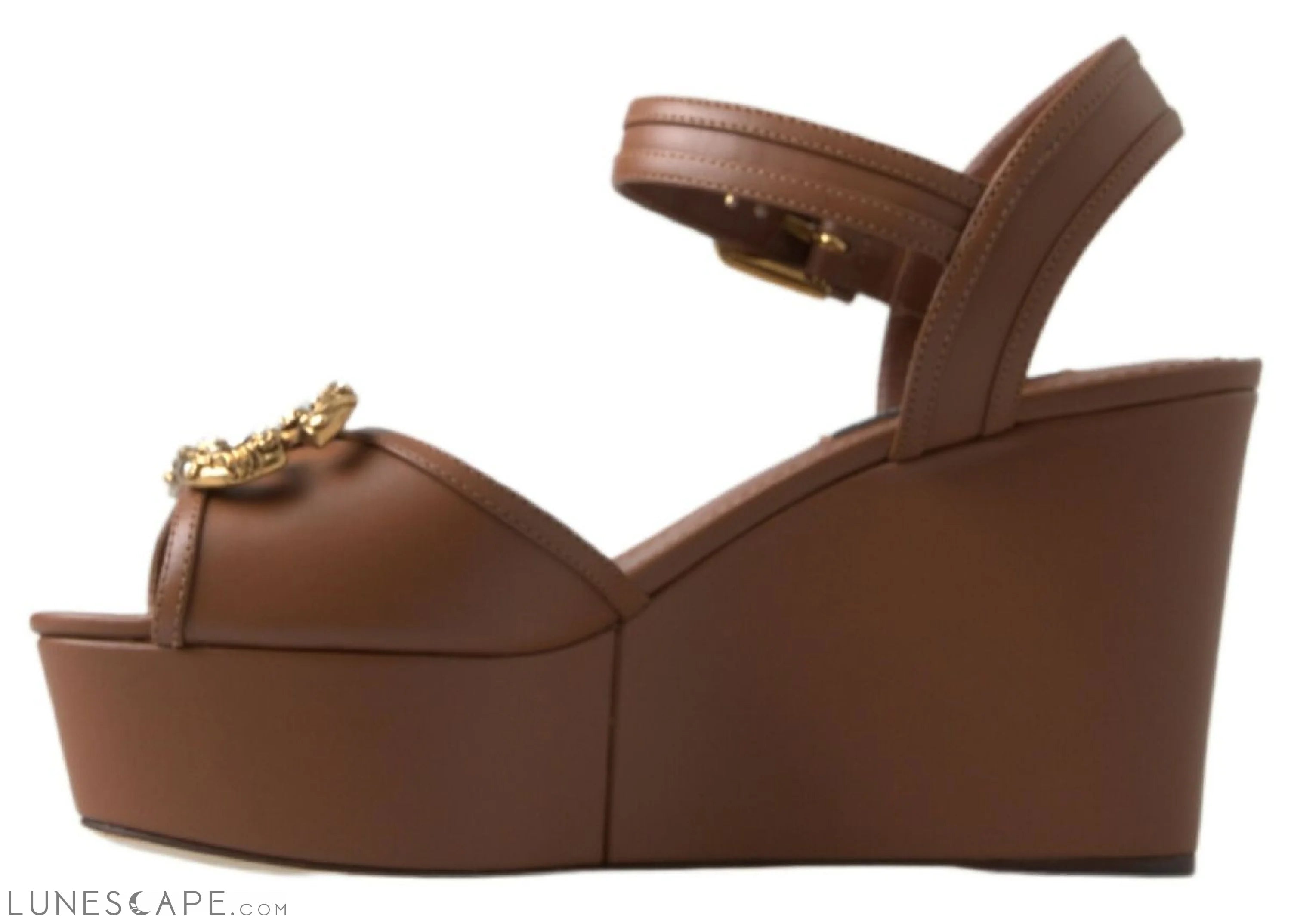 Dolce & Gabbana Chic Brown Leather Ankle Strap Wedges LUNESCAPE