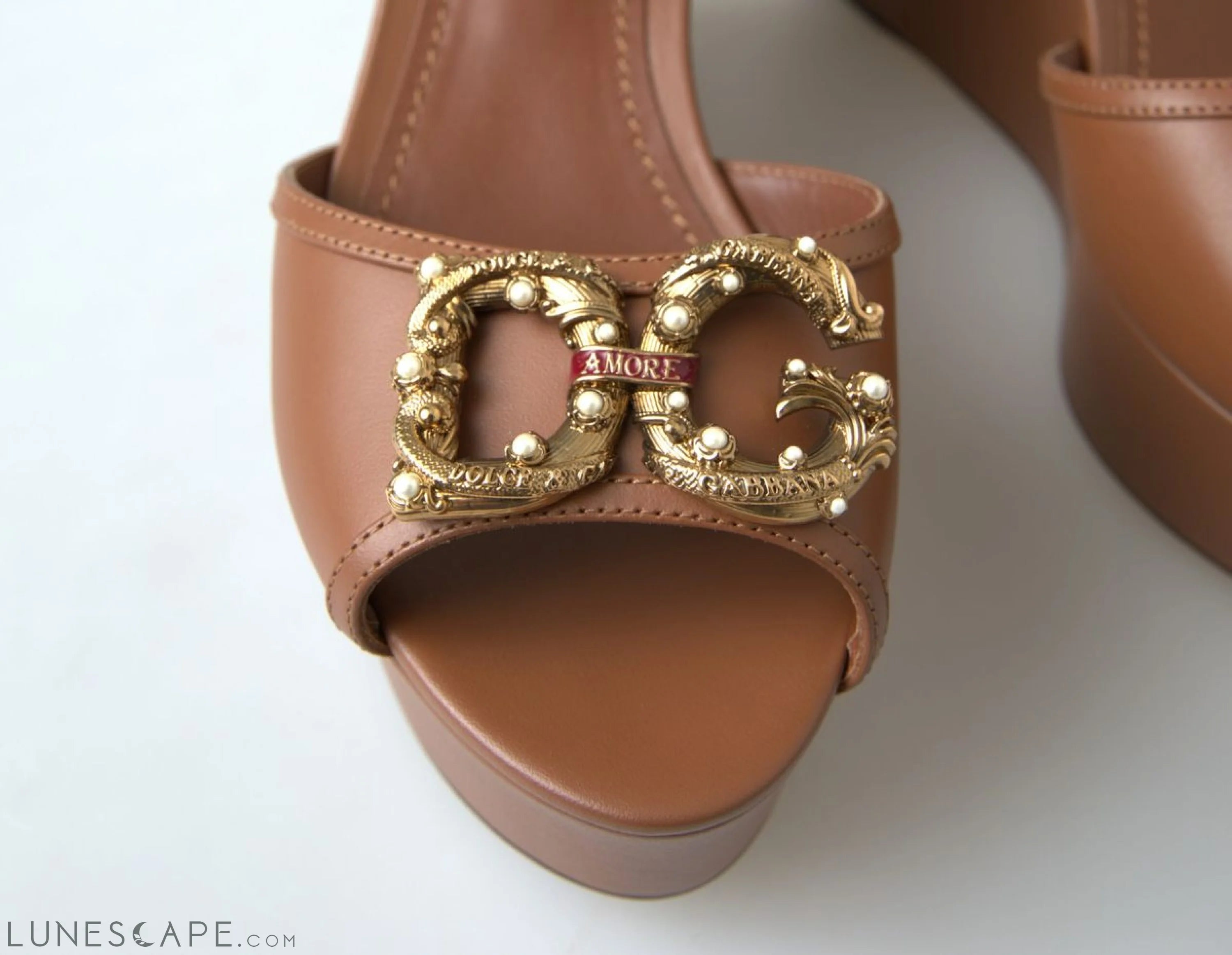 Dolce & Gabbana Chic Brown Leather Ankle Strap Wedges LUNESCAPE