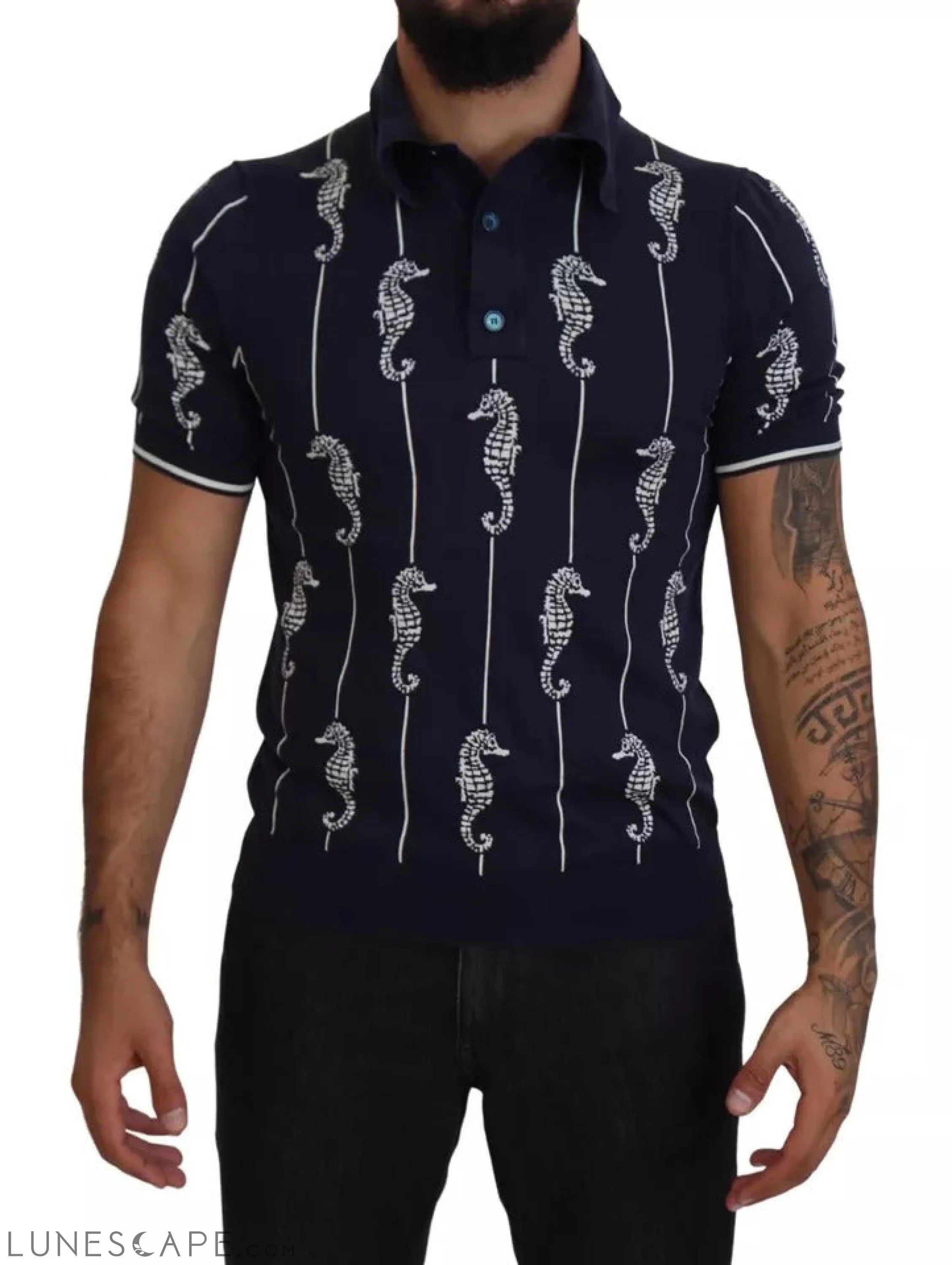 Dolce & Gabbana Dark Blue Sea Horse Collared Polo T-shirt LUNESCAPE
