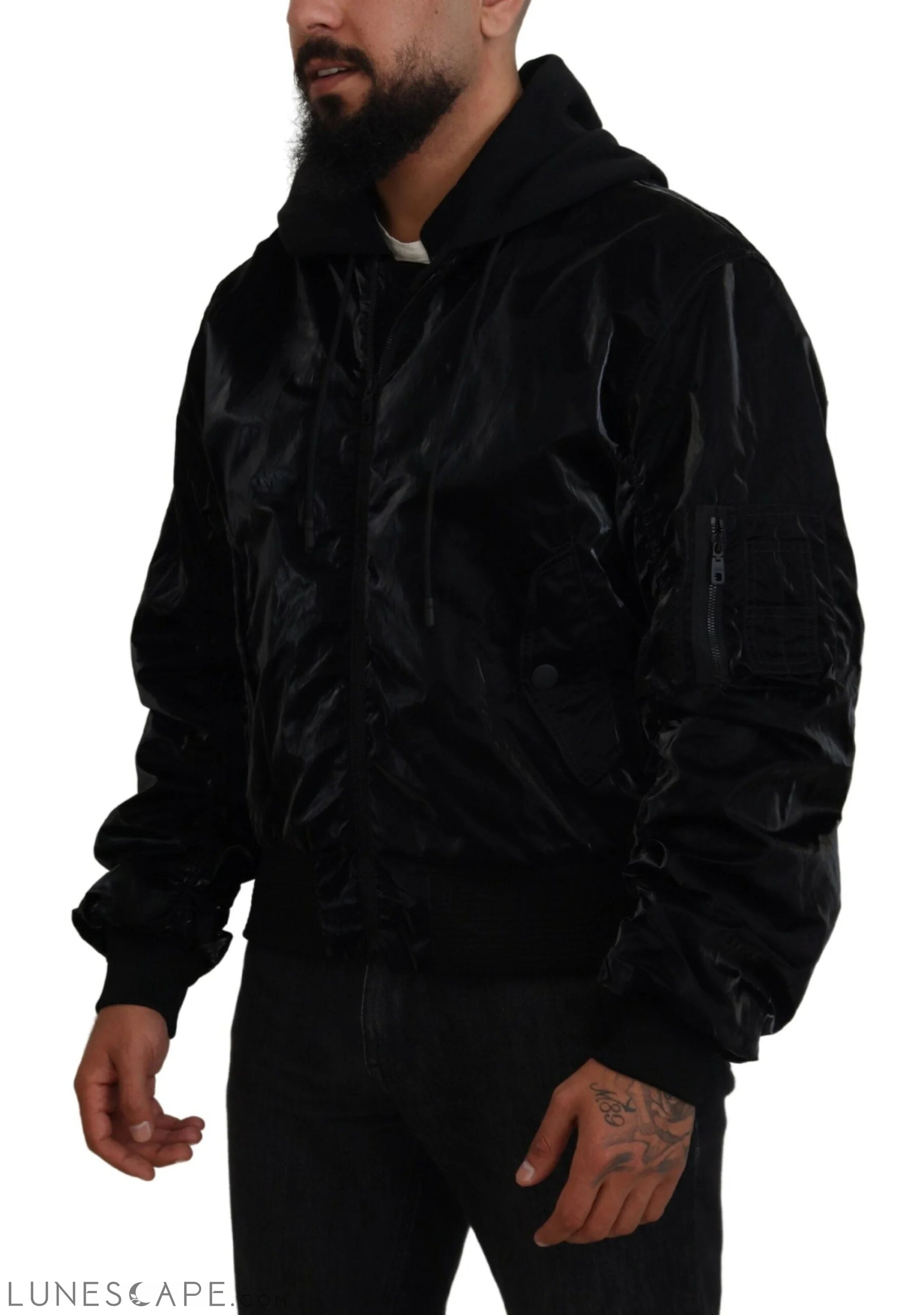 Dolce & Gabbana Elegant Black Bomber Hooded Jacket LUNESCAPE