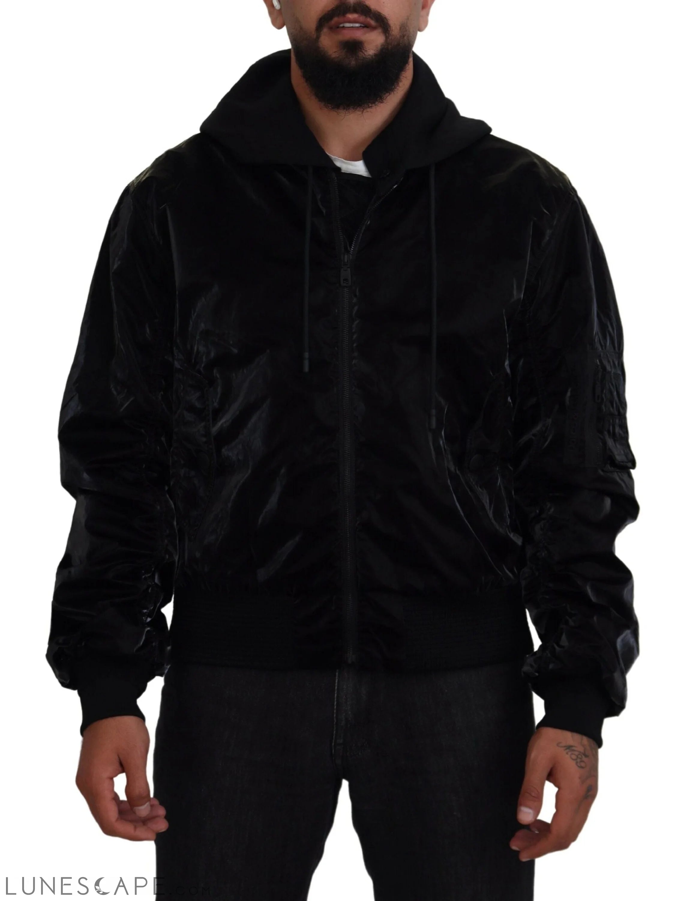 Dolce & Gabbana Elegant Black Bomber Hooded Jacket LUNESCAPE