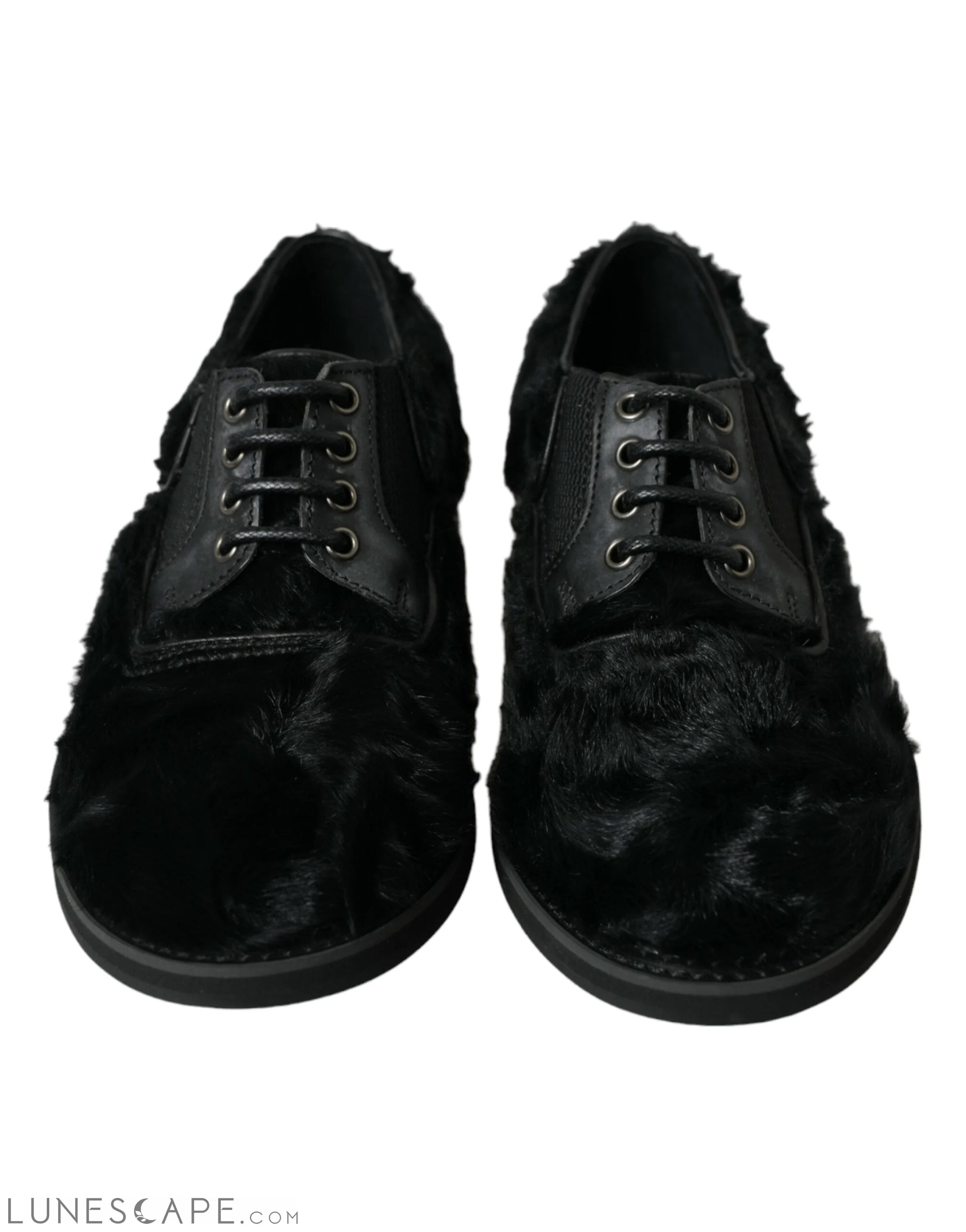 Dolce & Gabbana Elegant Black Fur Derby Dress Shoes for Men LUNESCAPE