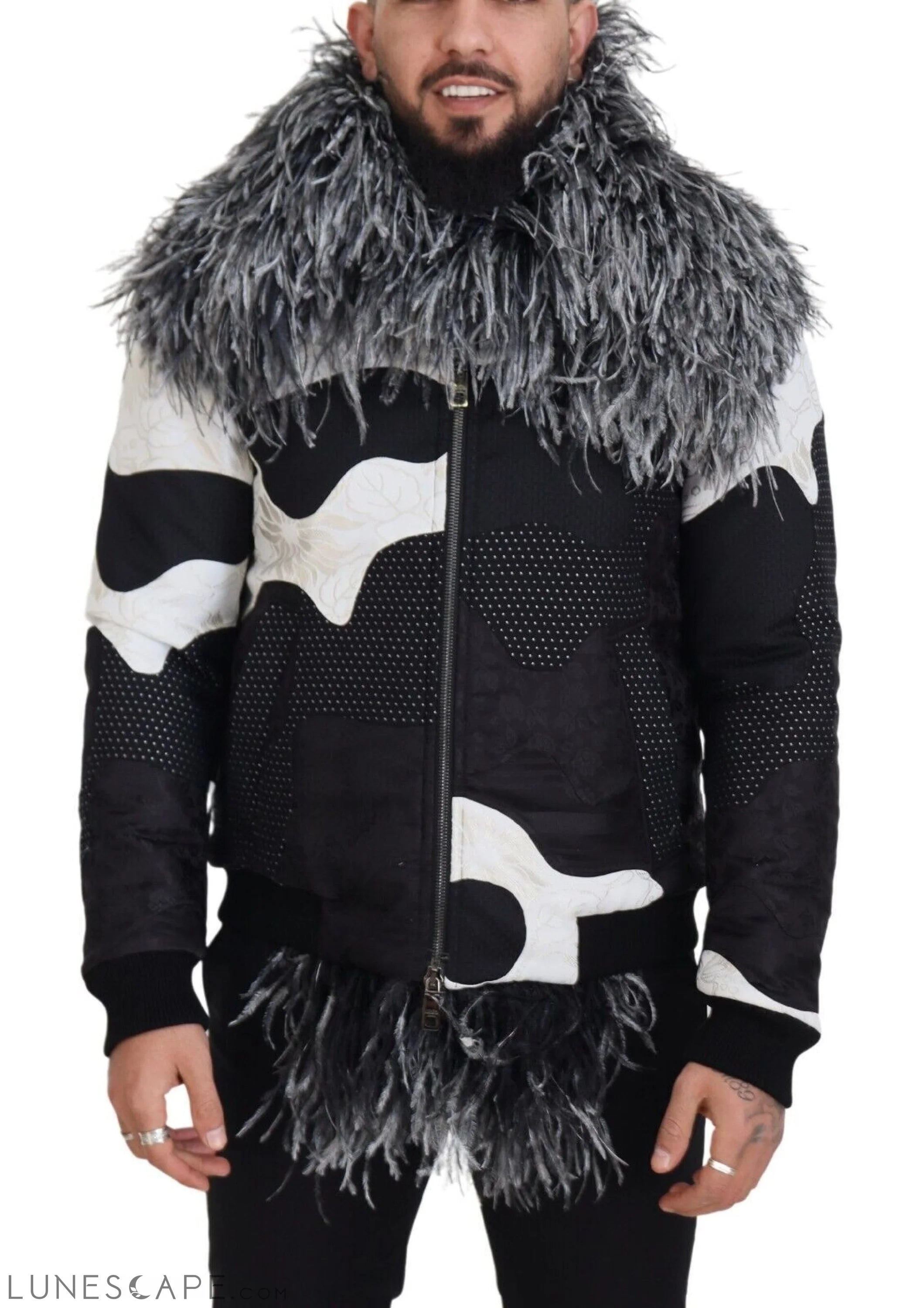 Dolce & Gabbana Elegant Shearling Zip Jacket in Black & White LUNESCAPE