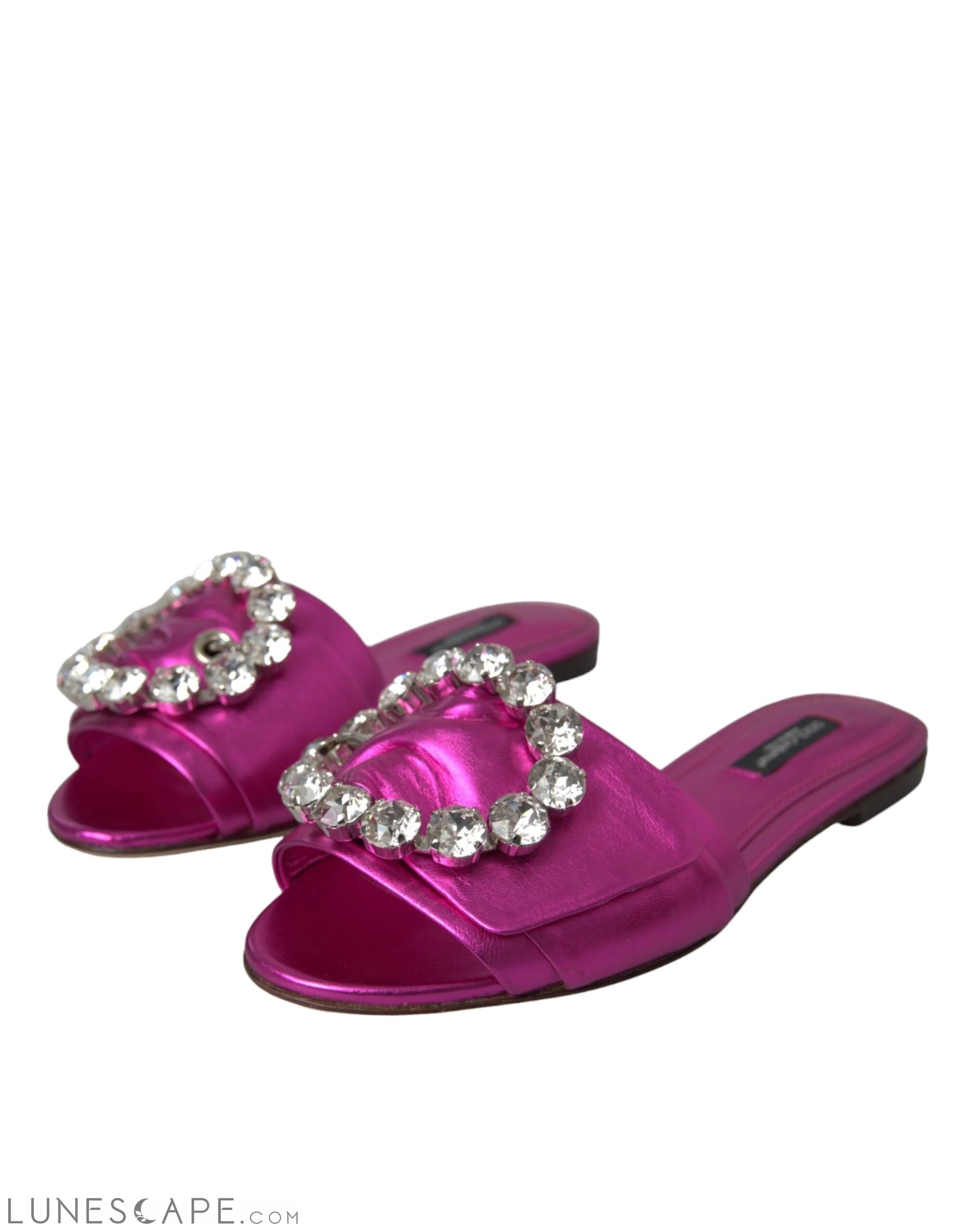 Dolce & Gabbana Fuchsia Crystal Leather Flats Sandals Shoes LUNESCAPE