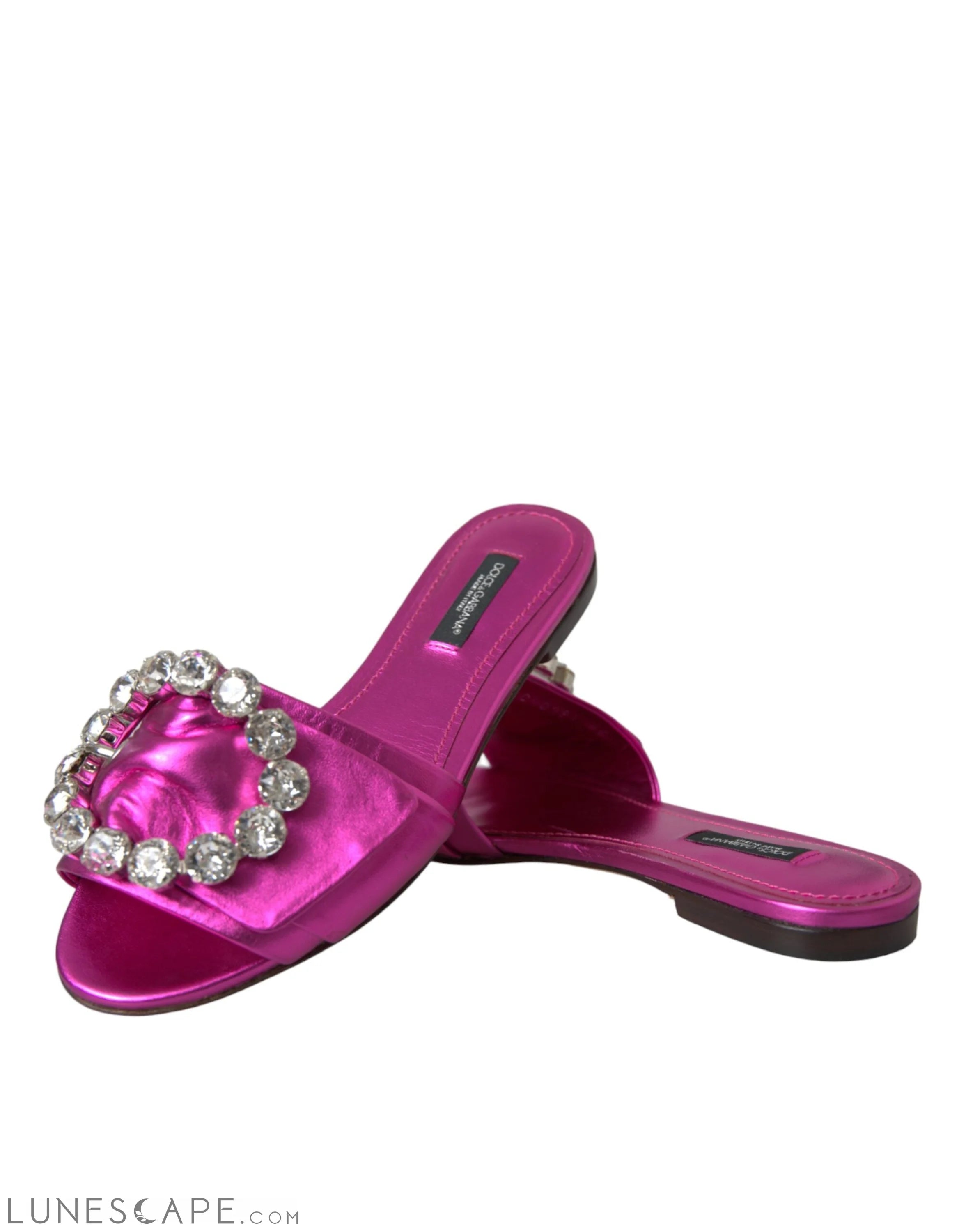 Dolce & Gabbana Fuchsia Crystal Leather Flats Sandals Shoes LUNESCAPE