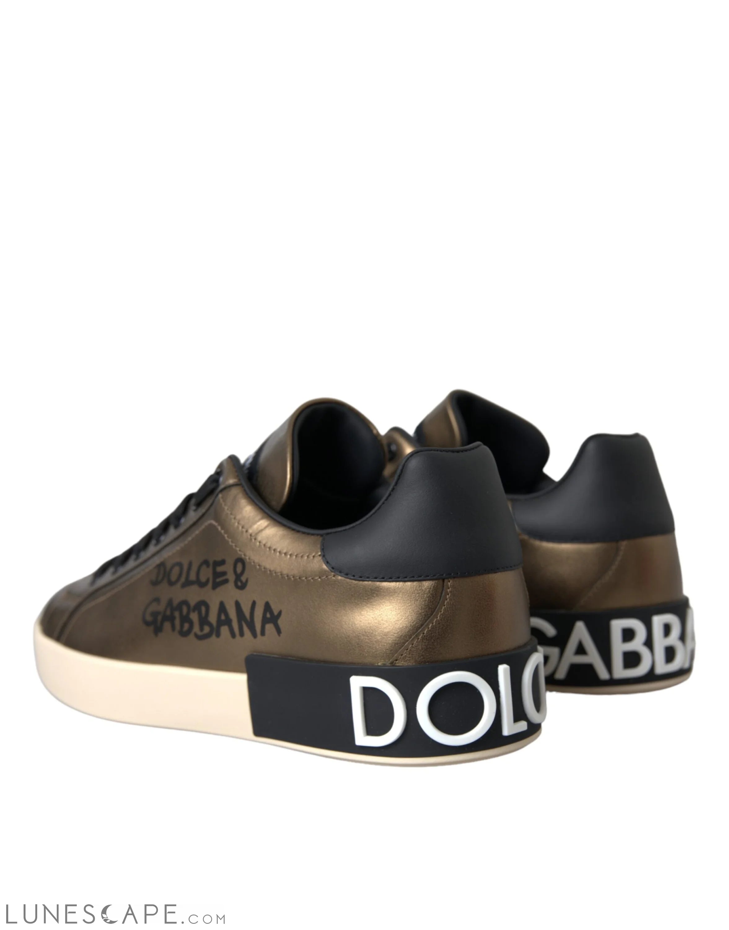 Dolce & Gabbana Gold Black Portofino Calf Leather Sneakers Shoes LUNESCAPE