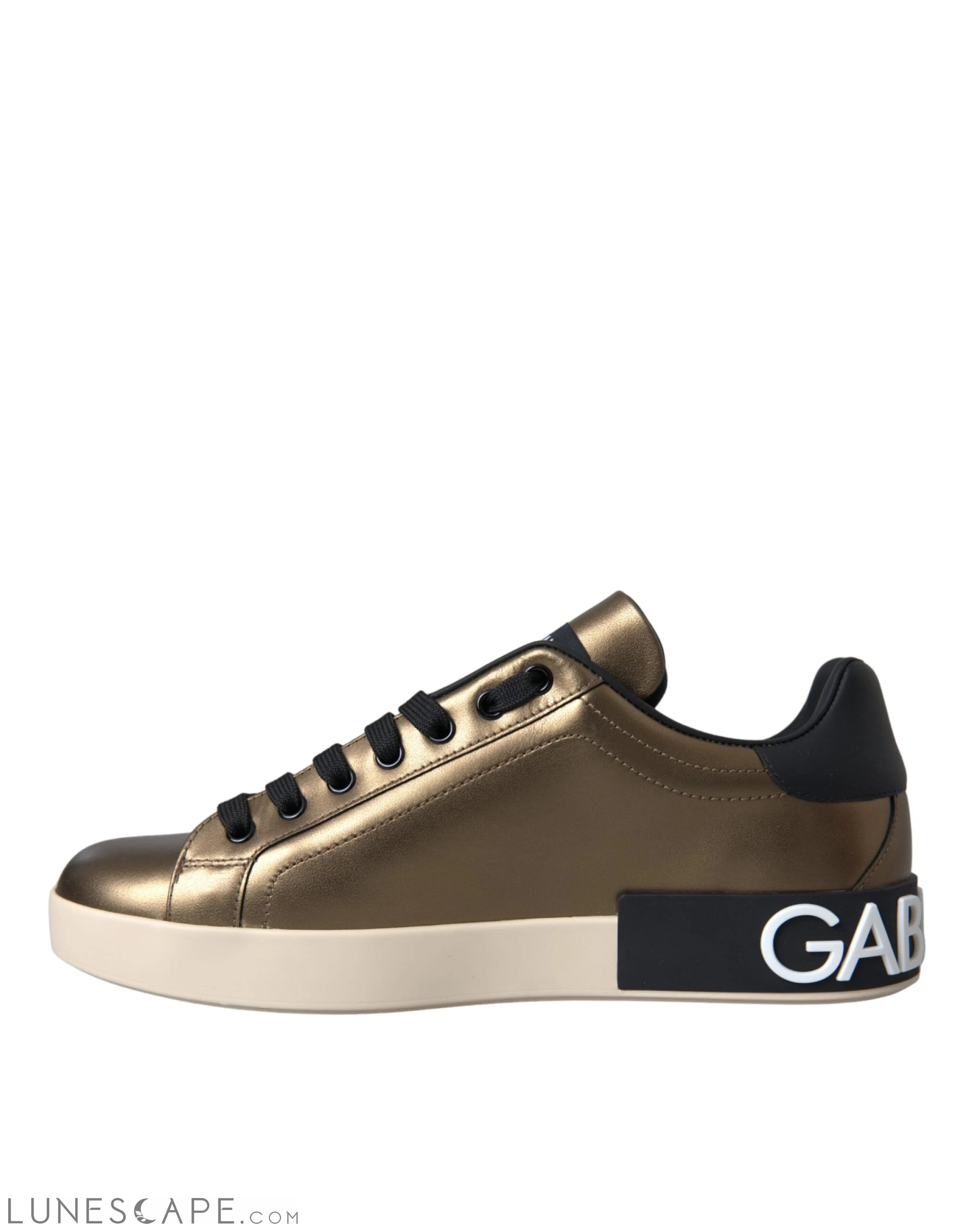 Dolce & Gabbana Gold Black Portofino Calf Leather Sneakers Shoes LUNESCAPE