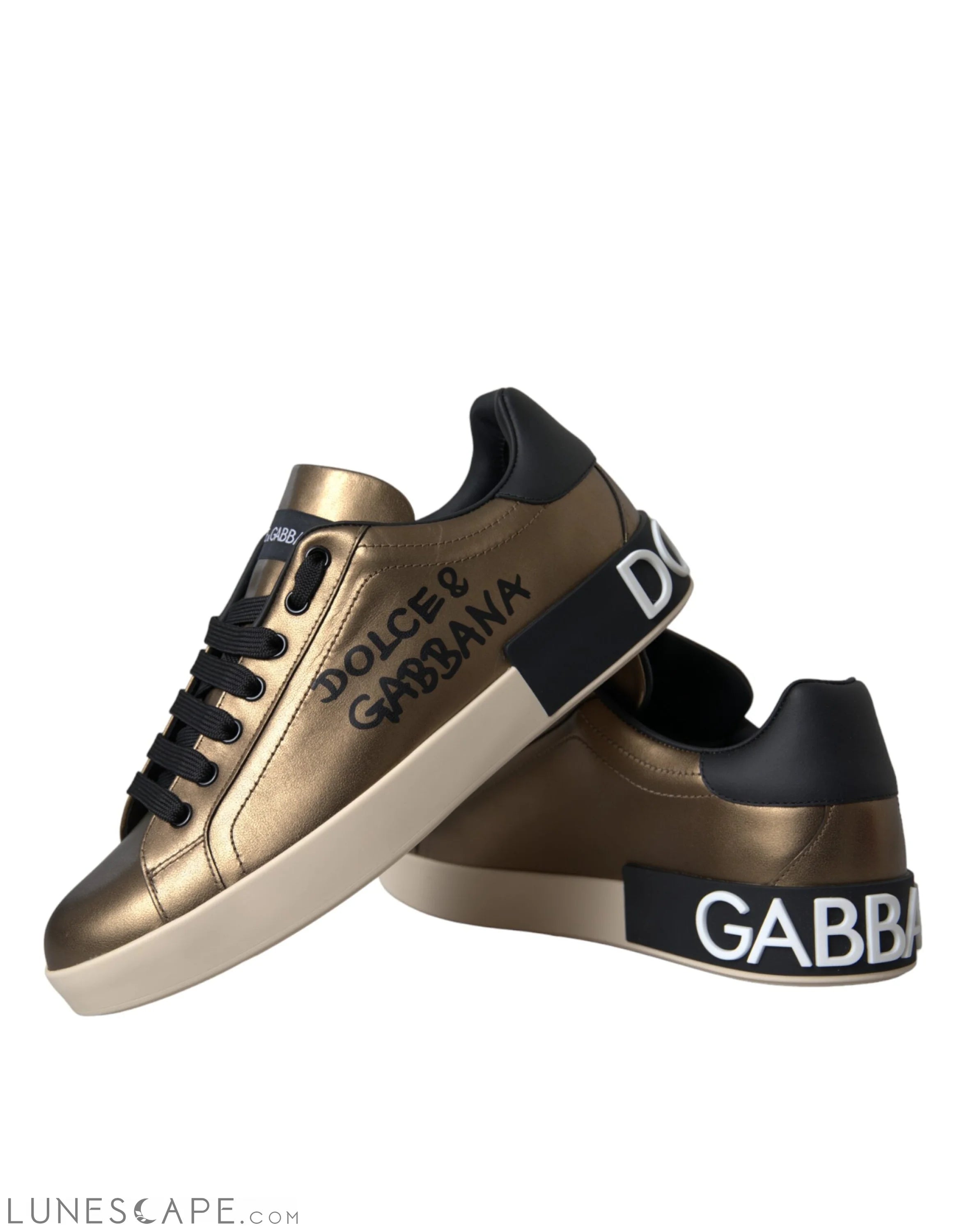 Dolce & Gabbana Gold Black Portofino Calf Leather Sneakers Shoes LUNESCAPE