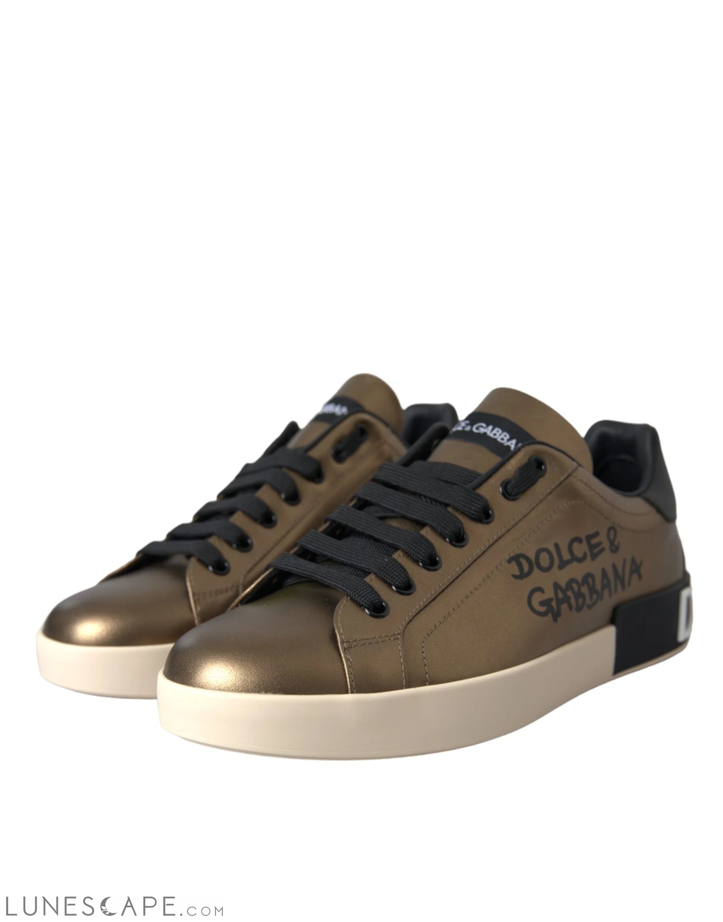 Dolce & Gabbana Gold Black Portofino Calf Leather Sneakers Shoes LUNESCAPE