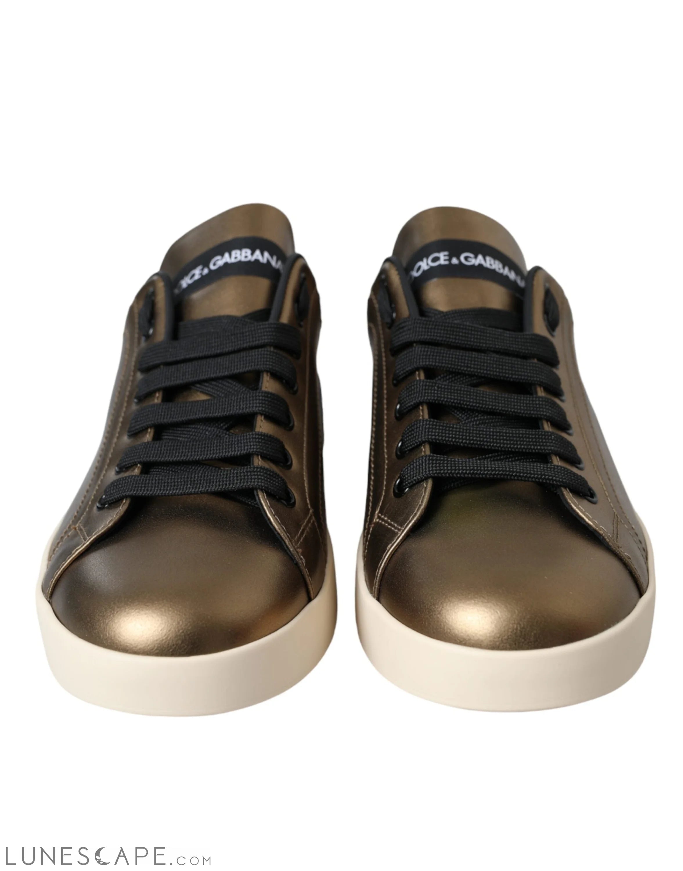 Dolce & Gabbana Gold Black Portofino Calf Leather Sneakers Shoes LUNESCAPE