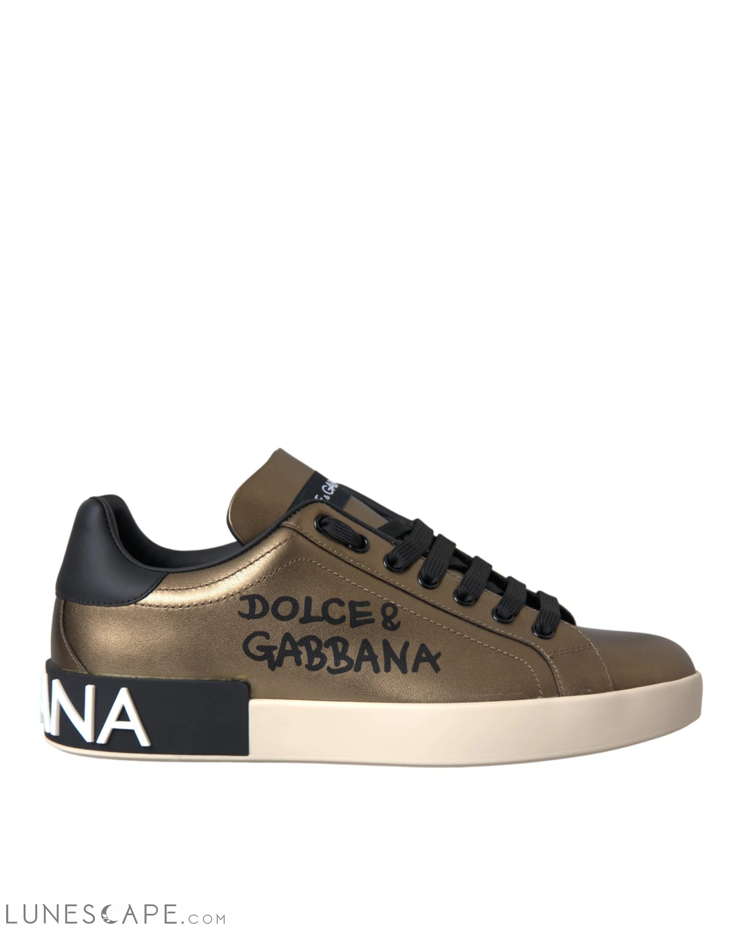 Dolce & Gabbana Gold Black Portofino Calf Leather Sneakers Shoes LUNESCAPE