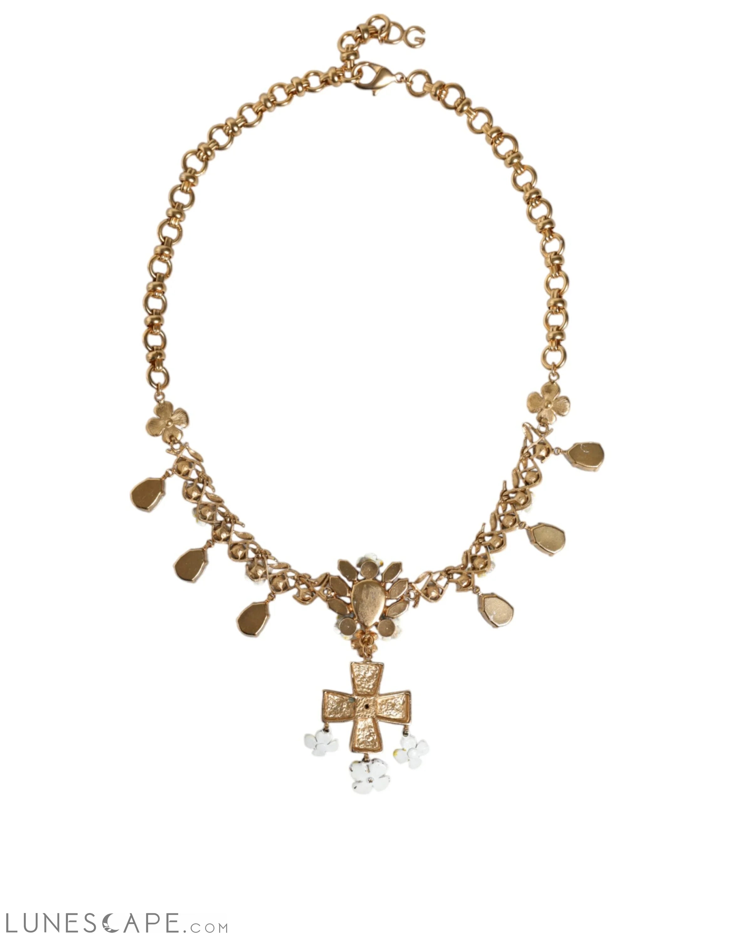 Dolce & Gabbana Gold Brass Chain Floral Crystal Cross Pendant Necklace LUNESCAPE