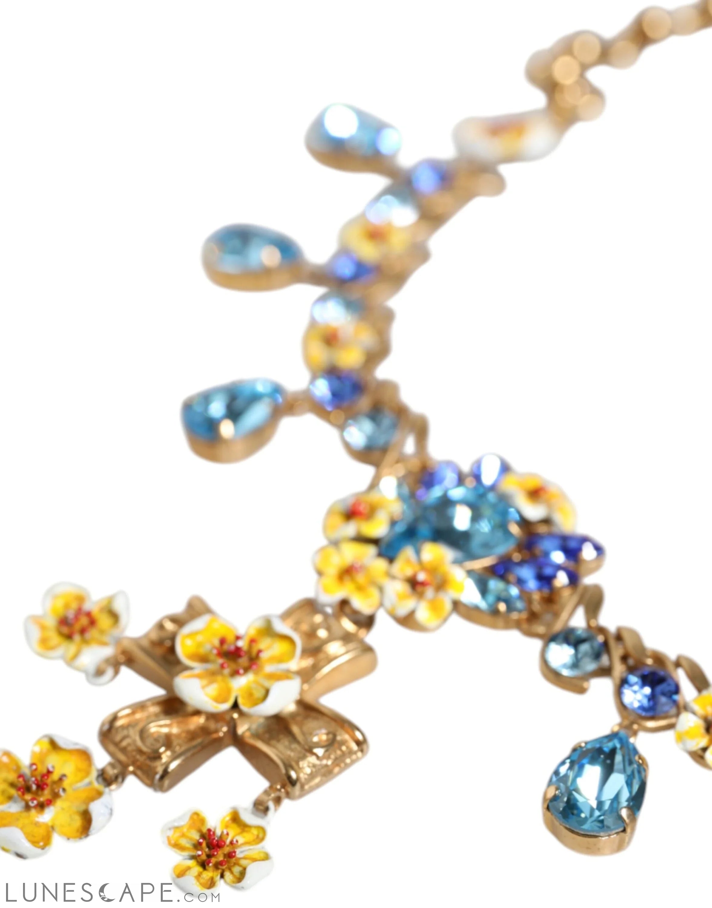 Dolce & Gabbana Gold Brass Chain Floral Crystal Cross Pendant Necklace LUNESCAPE
