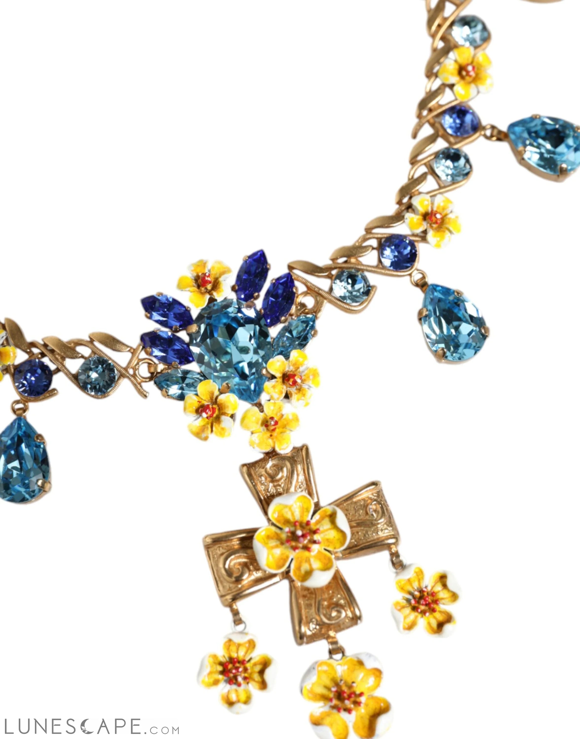 Dolce & Gabbana Gold Brass Chain Floral Crystal Cross Pendant Necklace LUNESCAPE