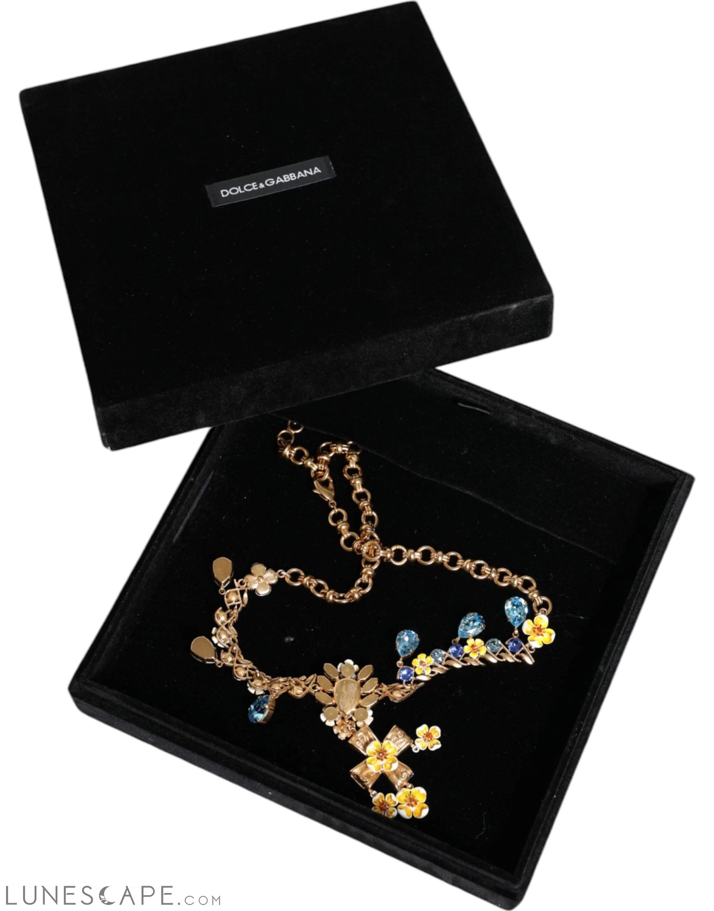 Dolce & Gabbana Gold Brass Chain Floral Crystal Cross Pendant Necklace LUNESCAPE
