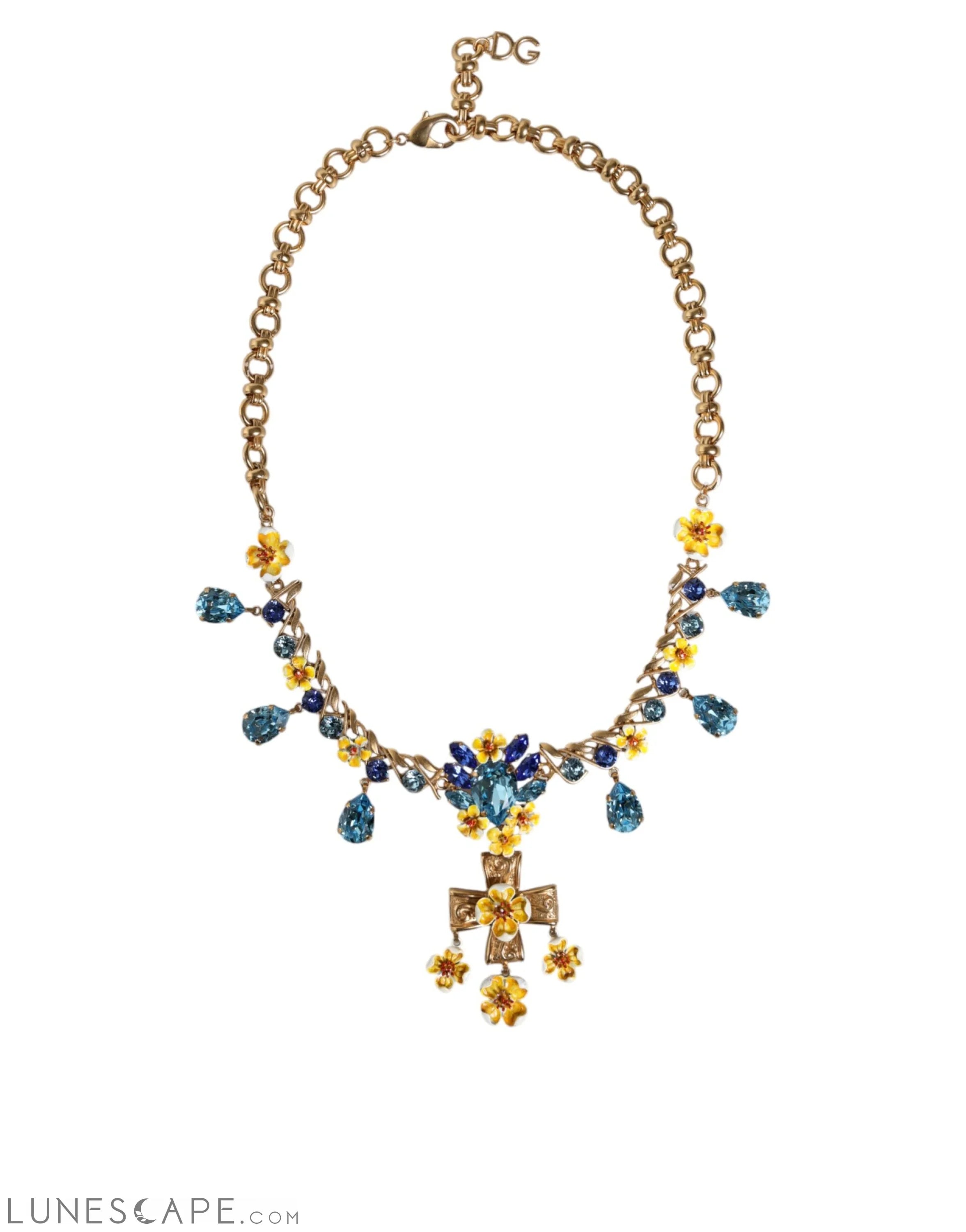 Dolce & Gabbana Gold Brass Chain Floral Crystal Cross Pendant Necklace LUNESCAPE
