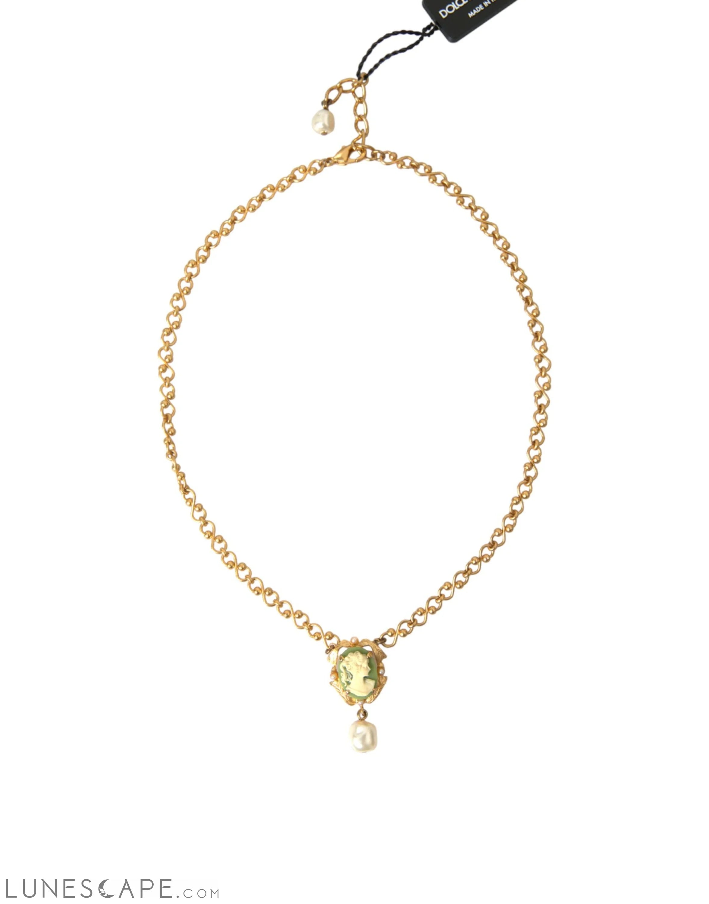 Dolce & Gabbana Gold Brass Chain Pearl Pendant Charm Necklace LUNESCAPE