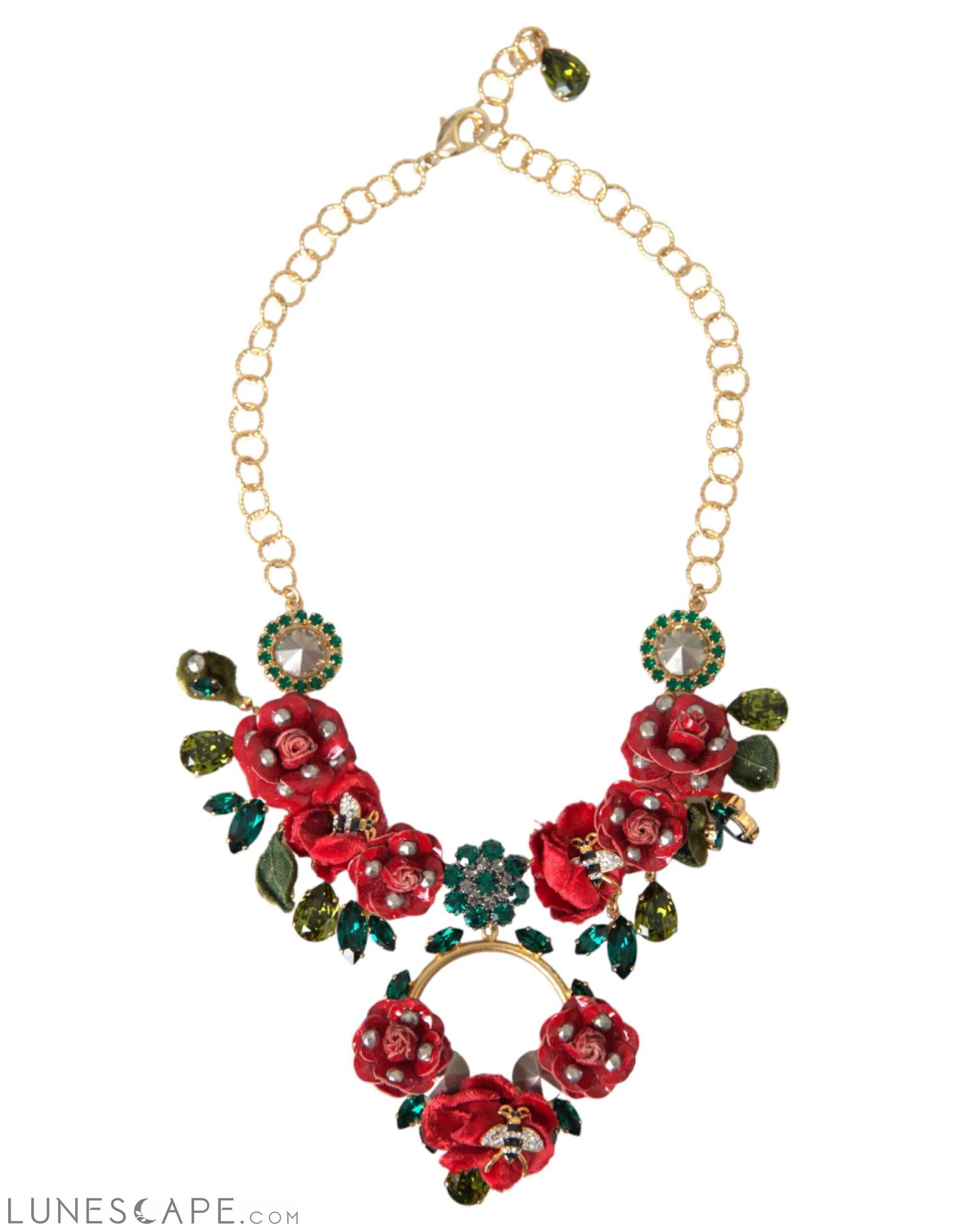 Dolce & Gabbana Gold Brass Link Chain RosePetal Crystal Pendant Necklace LUNESCAPE