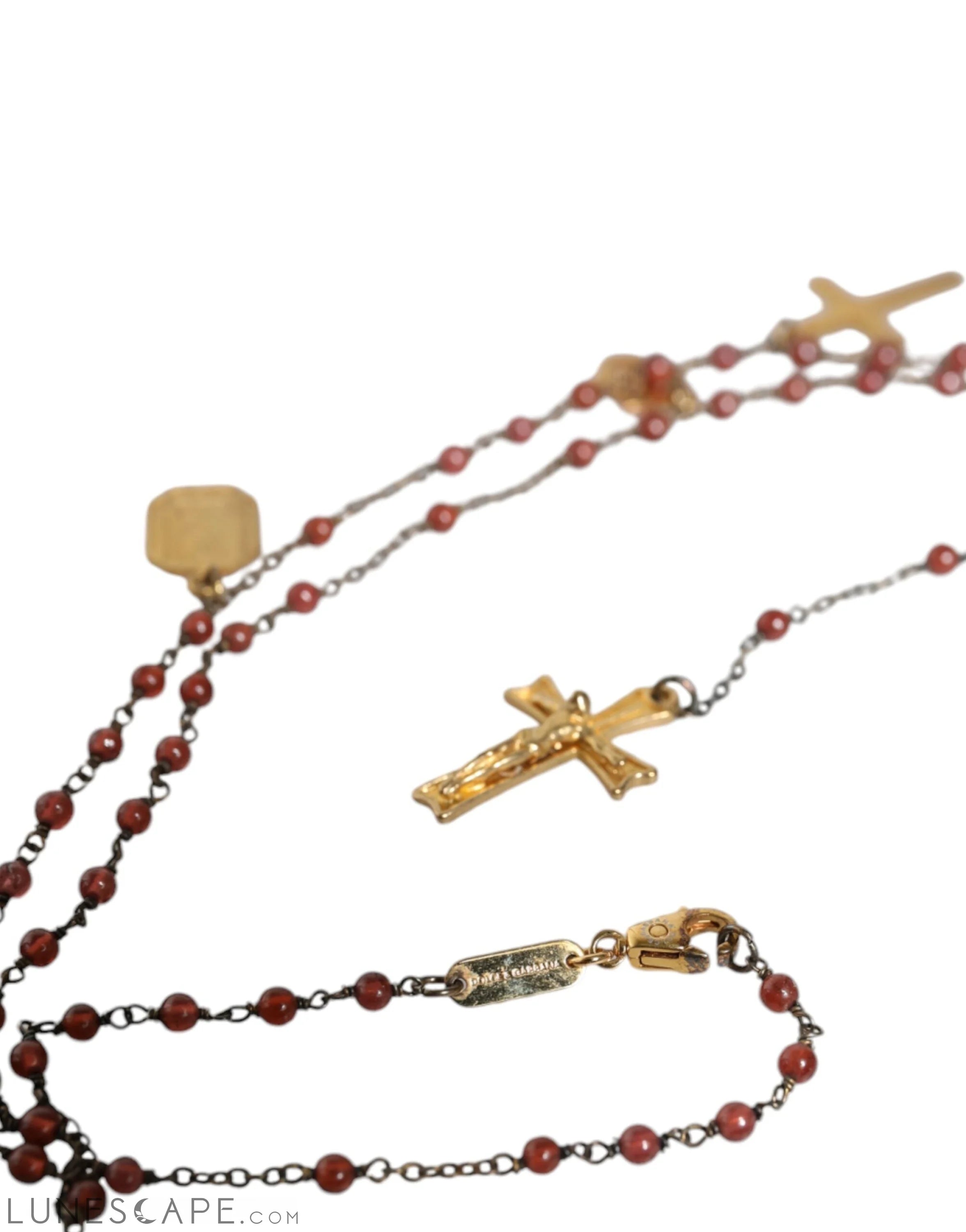 Dolce & Gabbana Gold Chain Brass Beaded Rosary Cross Pendant Necklace LUNESCAPE