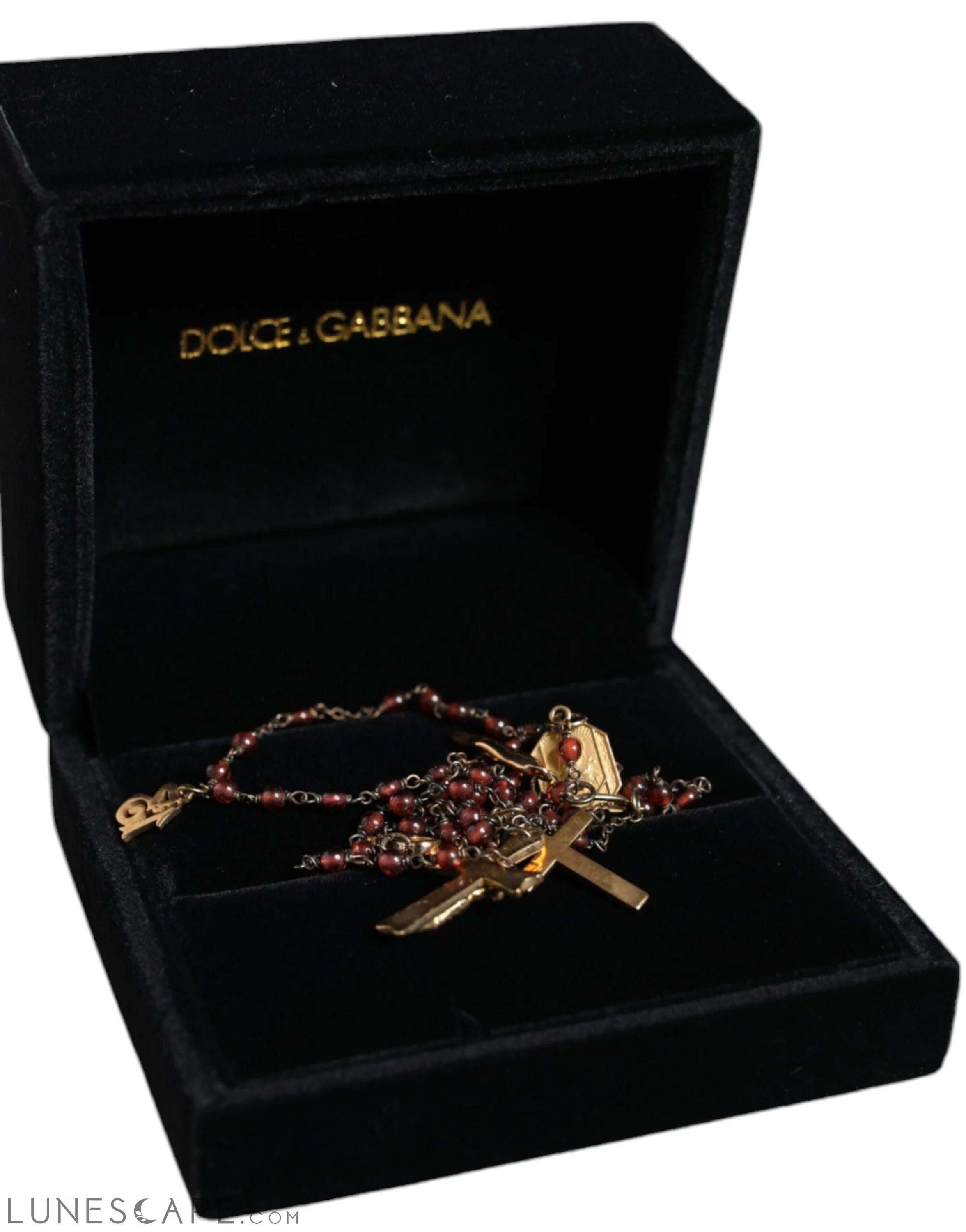 Dolce & Gabbana Gold Chain Brass Beaded Rosary Cross Pendant Necklace LUNESCAPE