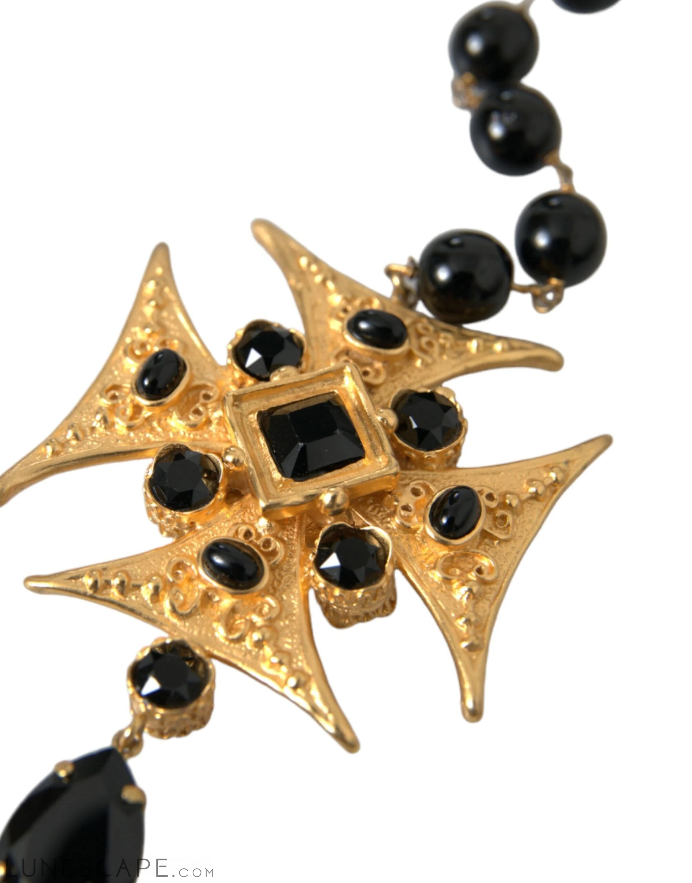 Dolce & Gabbana Gold Tone Brass Cross Black Beaded Chain Rosary Necklace LUNESCAPE