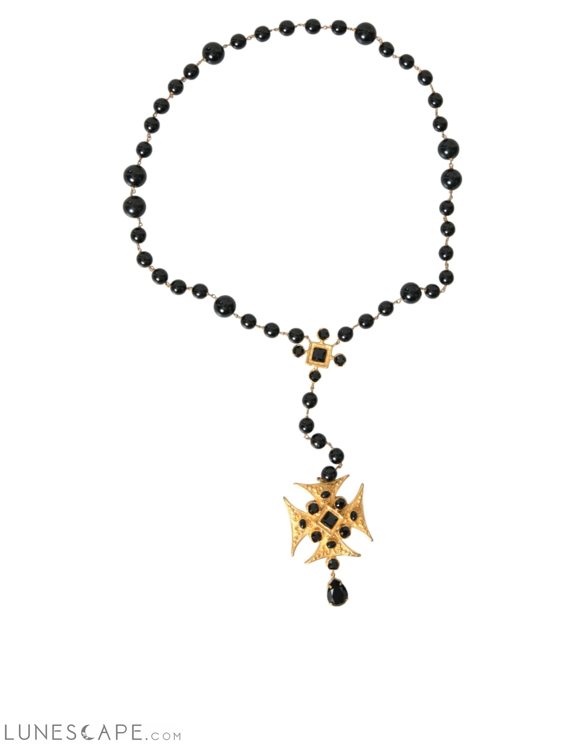 Dolce & Gabbana Gold Tone Brass Cross Black Beaded Chain Rosary Necklace LUNESCAPE