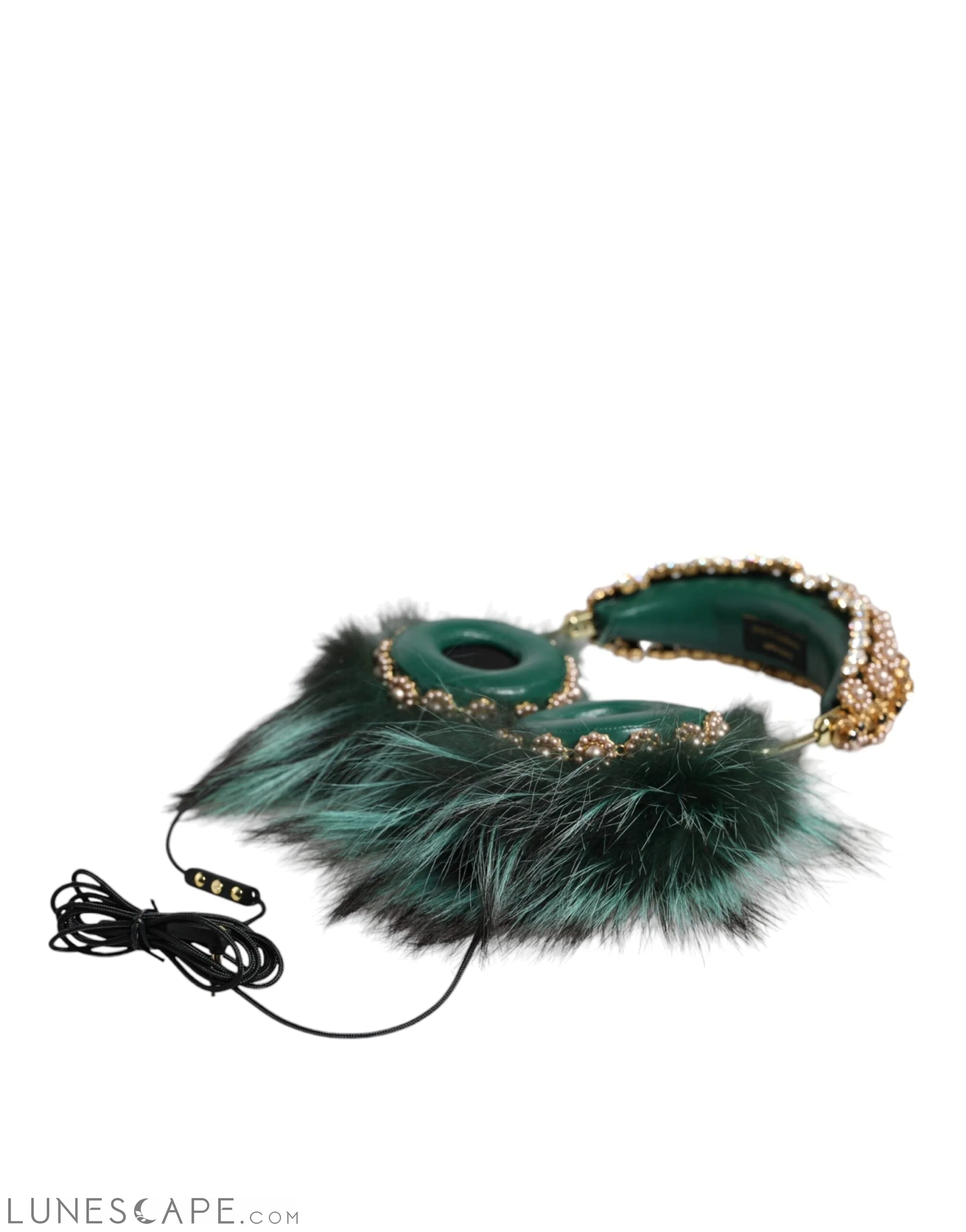 Dolce & Gabbana Green Gold Crystal Fur Headset Audio AUX Headphones LUNESCAPE