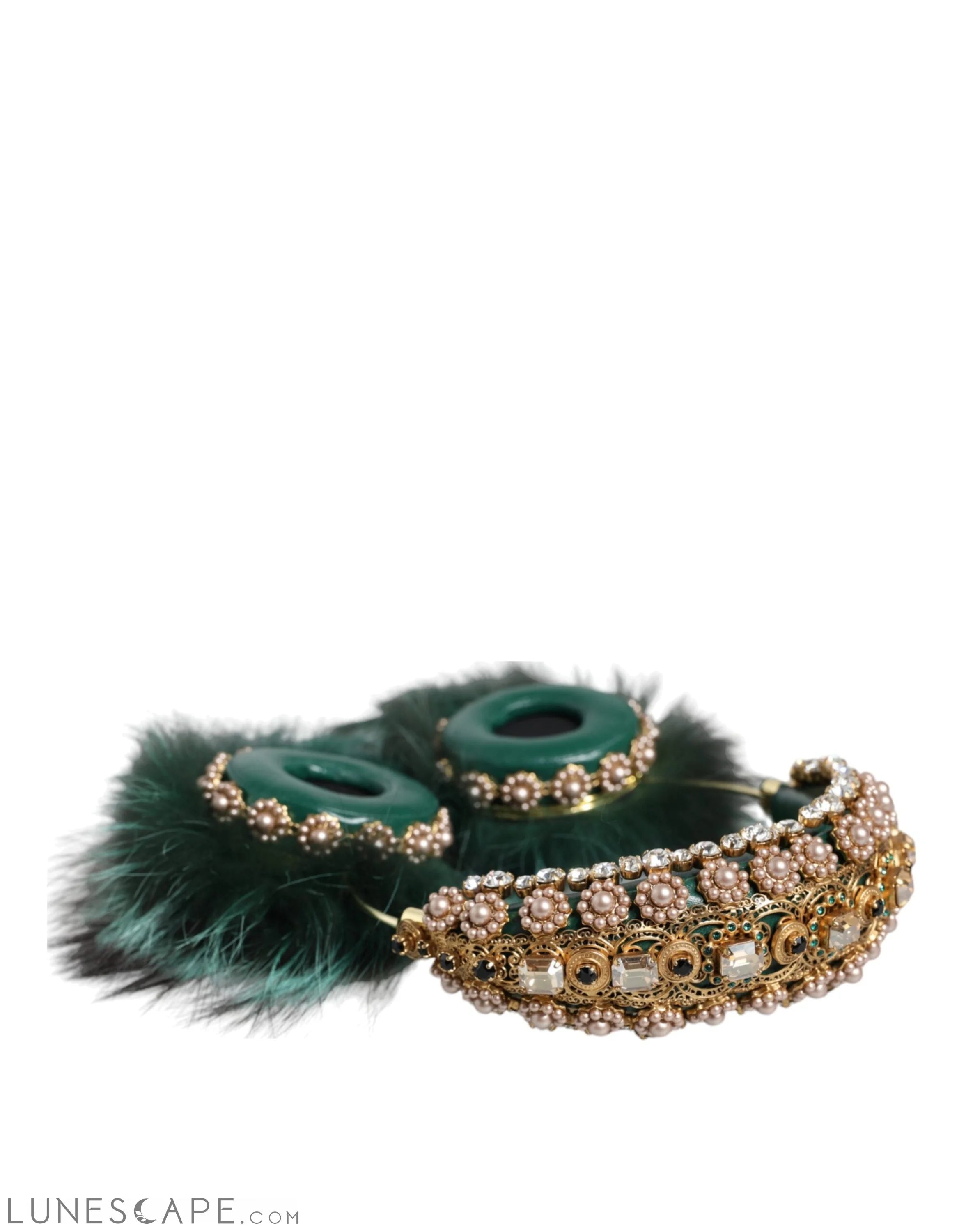 Dolce & Gabbana Green Gold Crystal Fur Headset Audio AUX Headphones LUNESCAPE