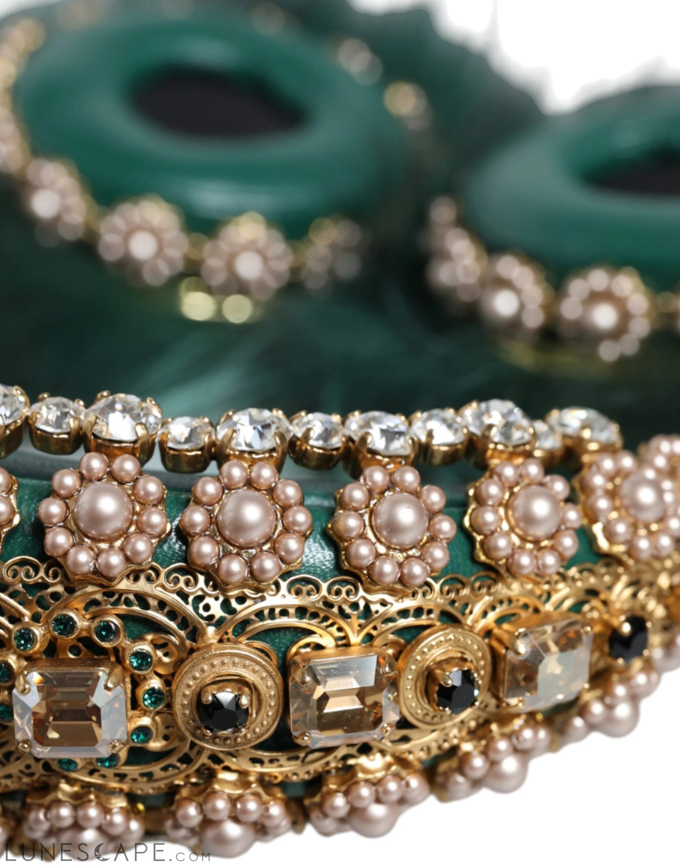 Dolce & Gabbana Green Gold Crystal Fur Headset Audio AUX Headphones LUNESCAPE