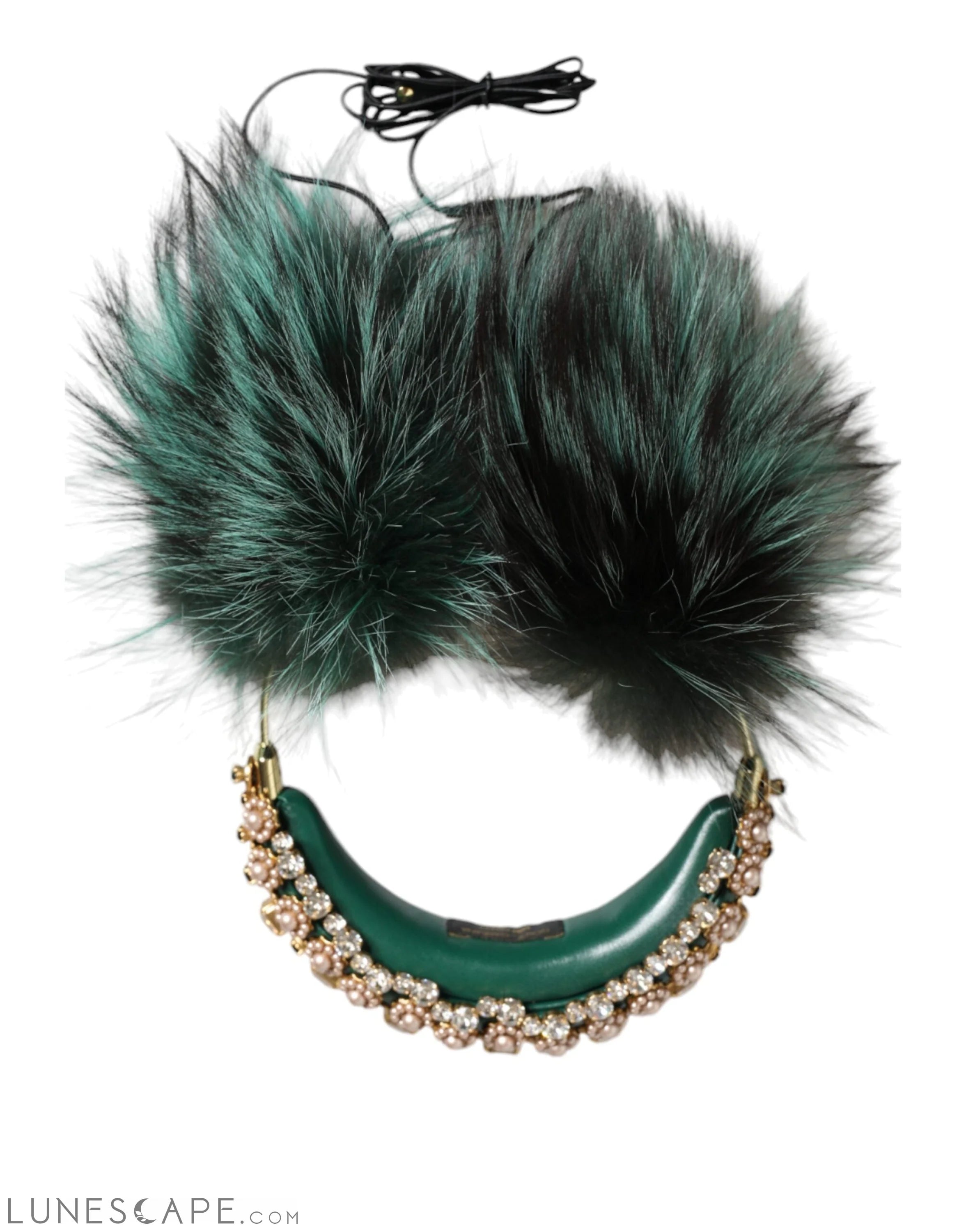 Dolce & Gabbana Green Gold Crystal Fur Headset Audio AUX Headphones LUNESCAPE