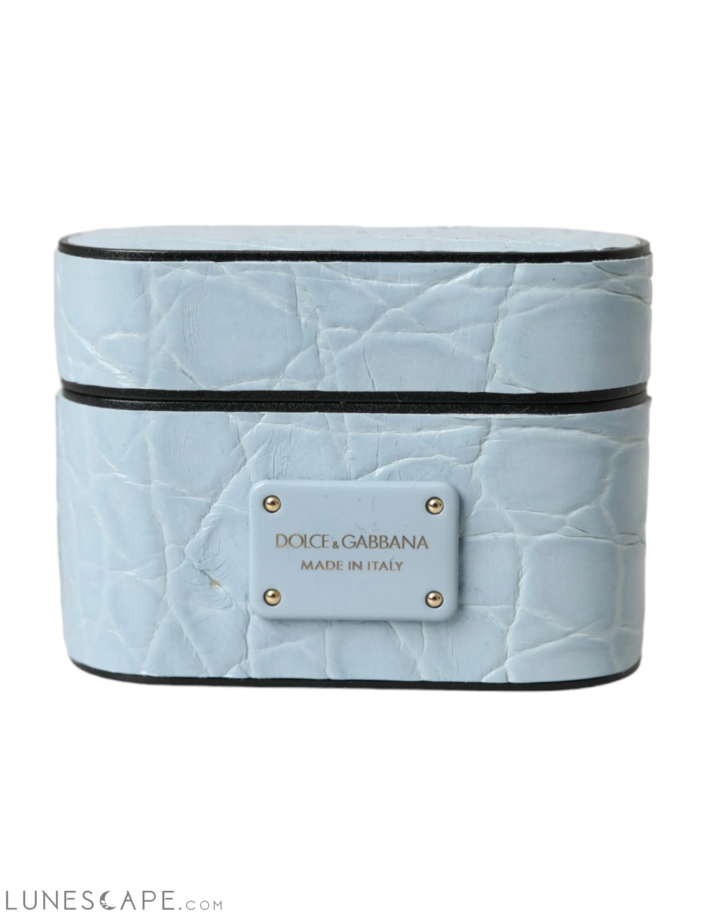 Dolce & Gabbana Light Blue Leather Metal Logo Plaque Airpods Case LUNESCAPE