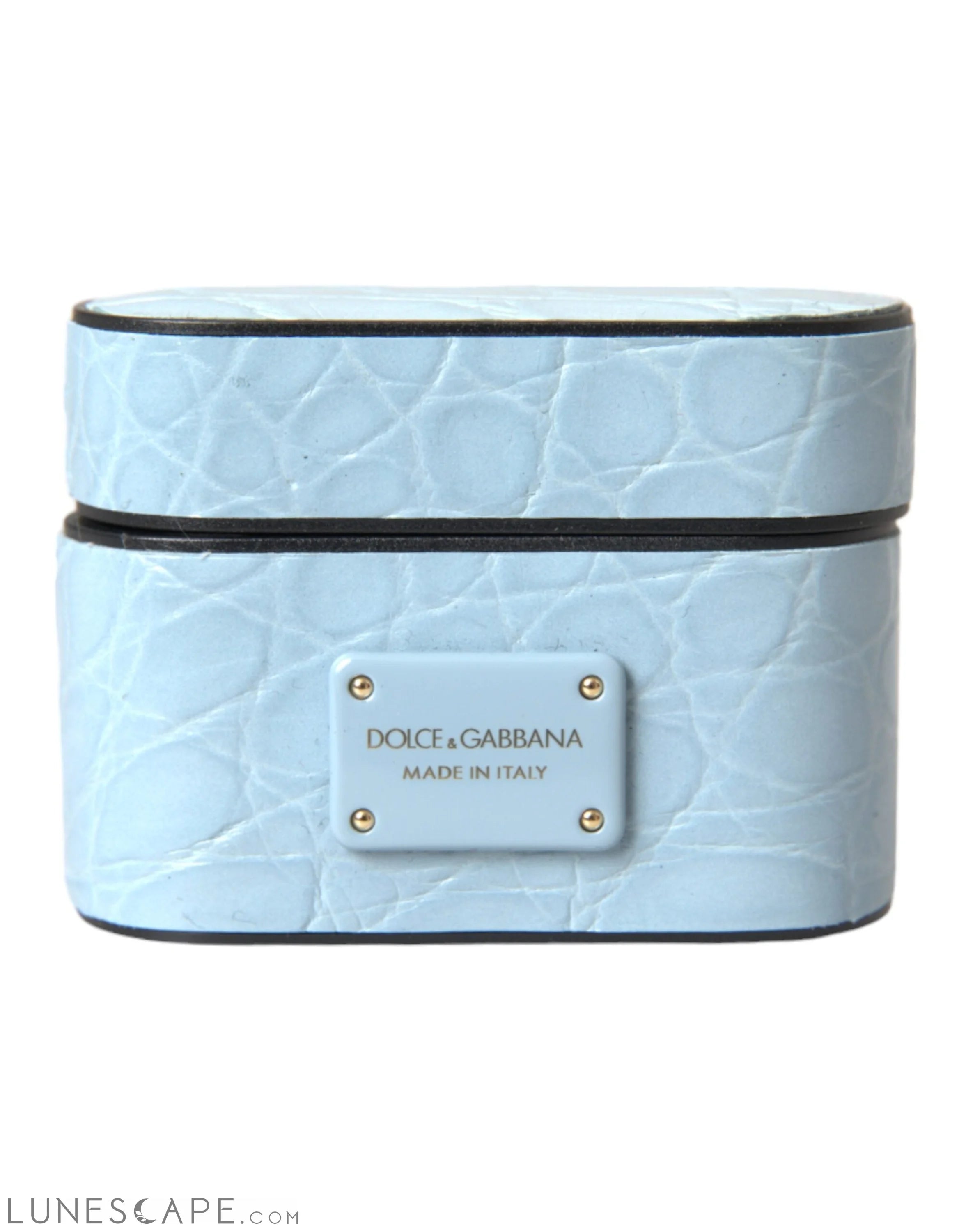 Dolce & Gabbana Light Blue Leather Metal Logo Plaque Airpods Case LUNESCAPE