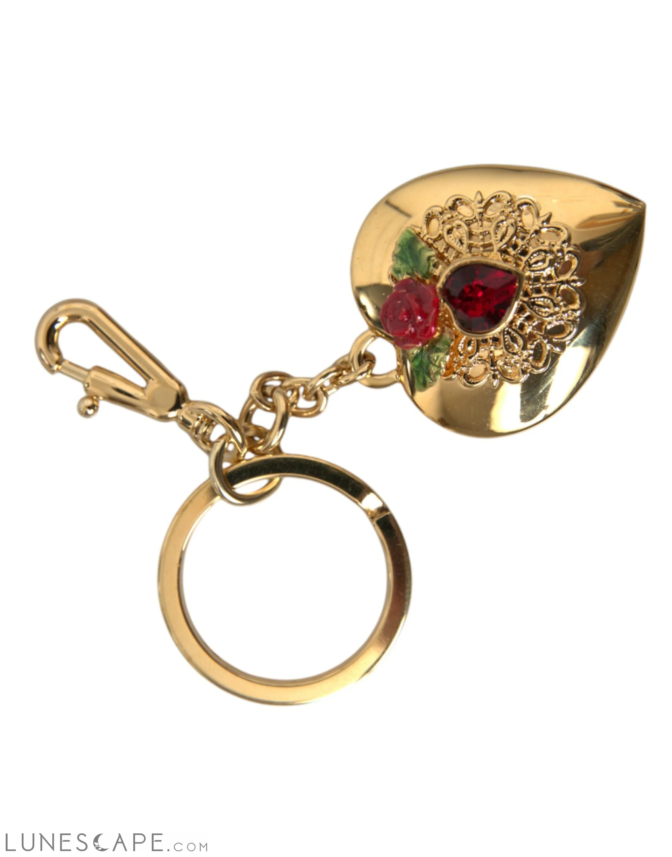 Dolce & Gabbana Metallic Gold Brass Heart Floral Pendant Keychain Keyring LUNESCAPE