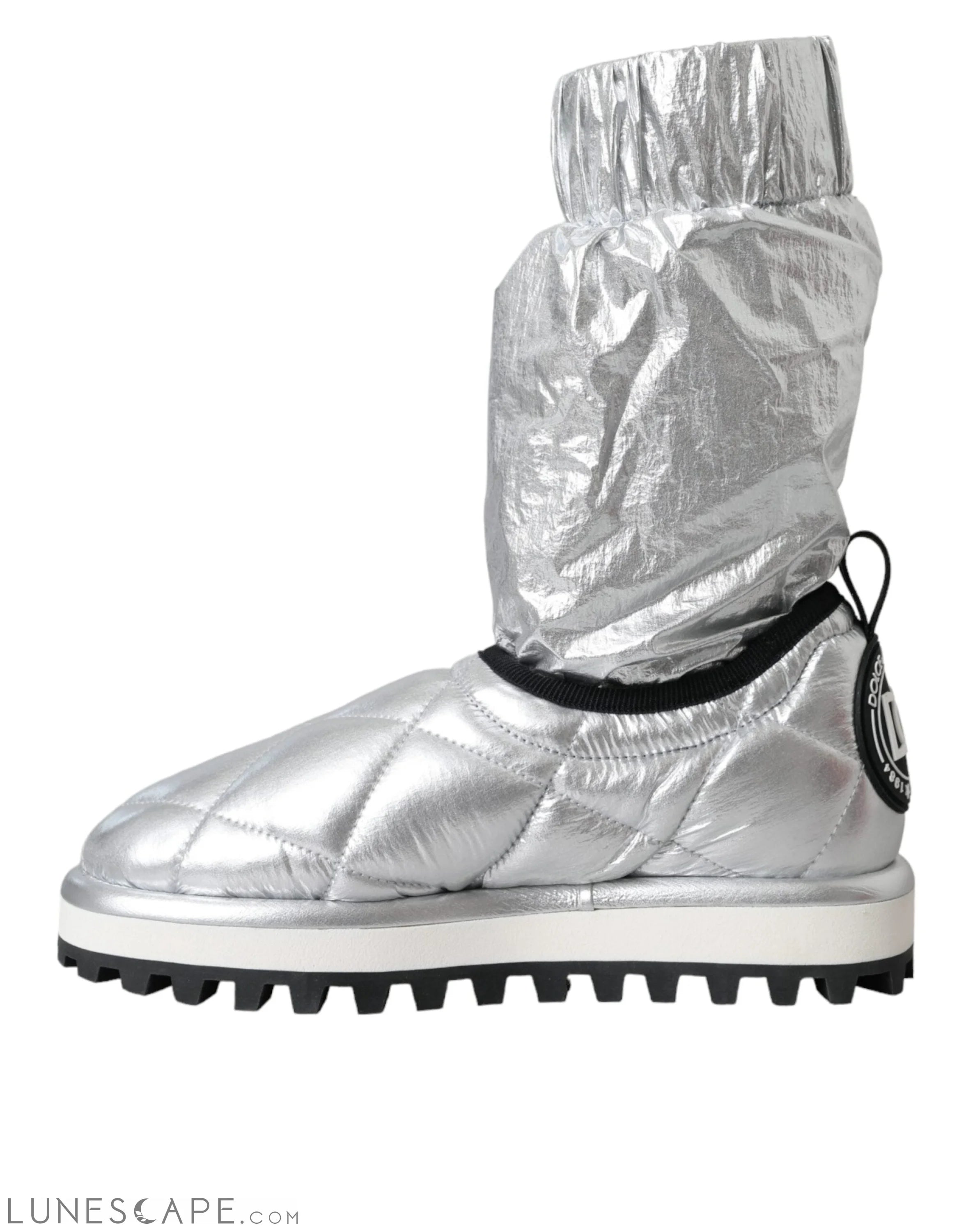 Dolce & Gabbana Metallic Silver Quilted Logo Patch Boot LUNESCAPE