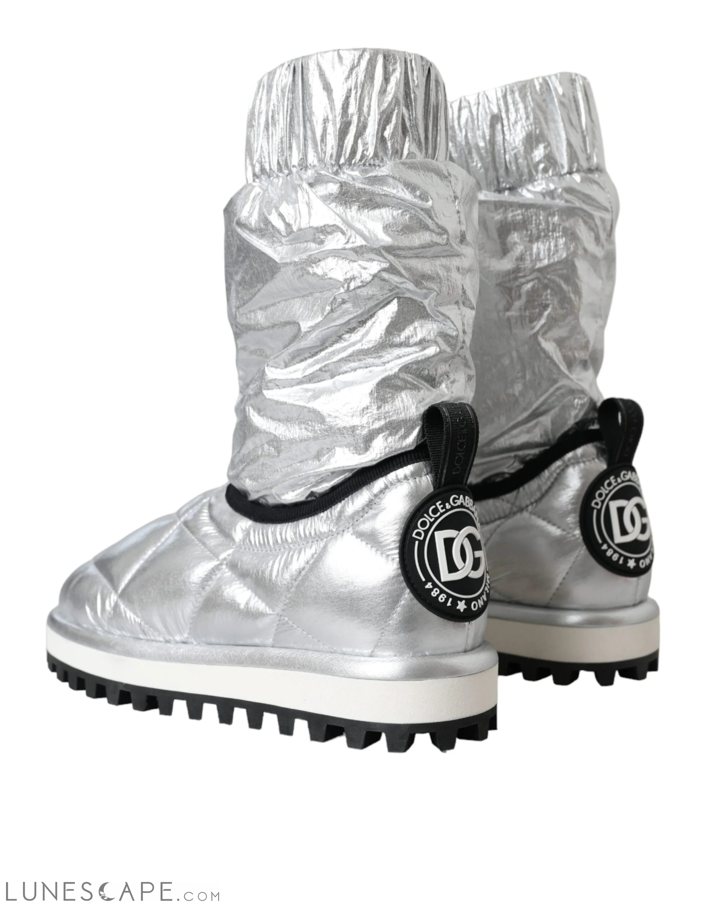 Dolce & Gabbana Metallic Silver Quilted Logo Patch Boot LUNESCAPE