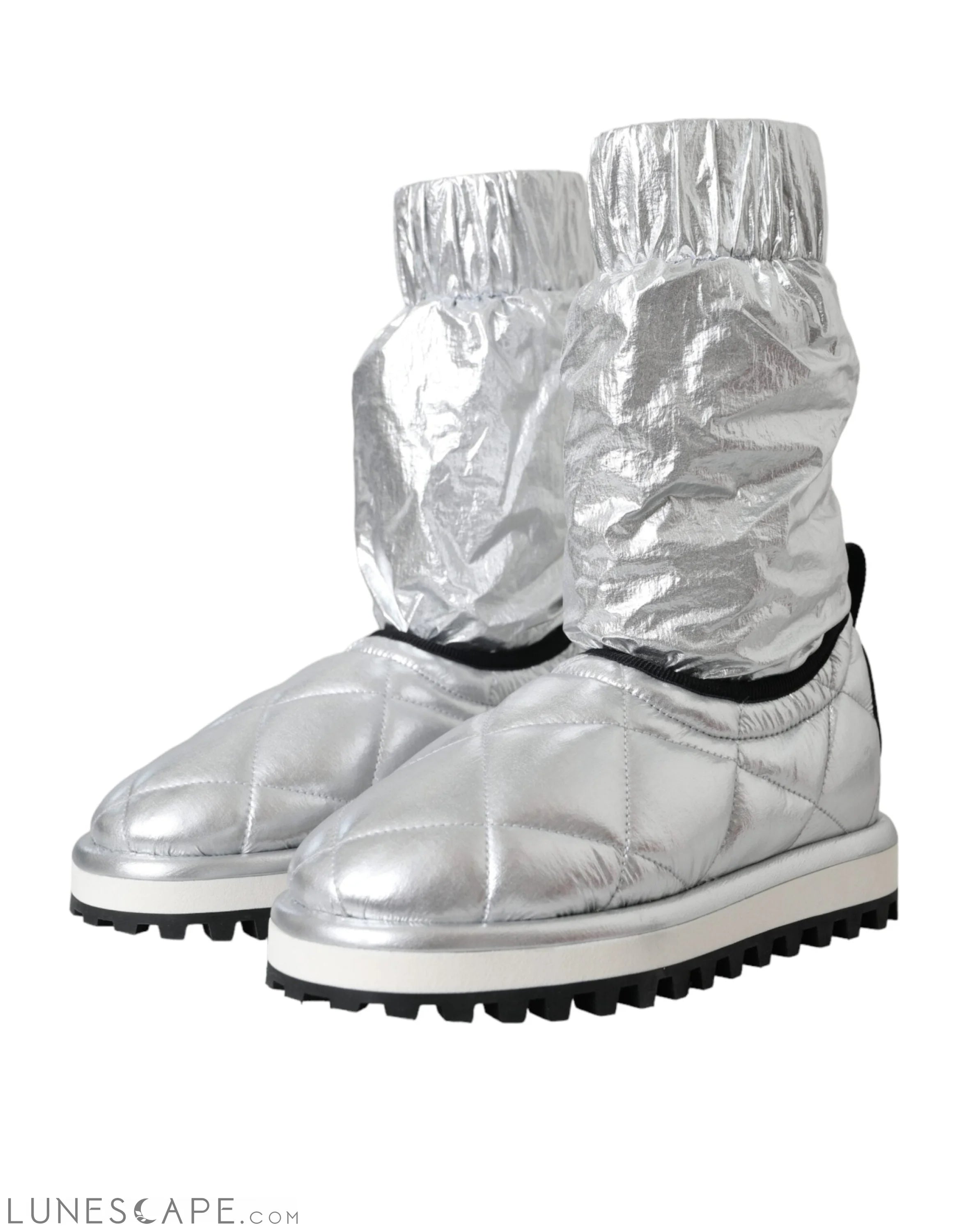 Dolce & Gabbana Metallic Silver Quilted Logo Patch Boot LUNESCAPE